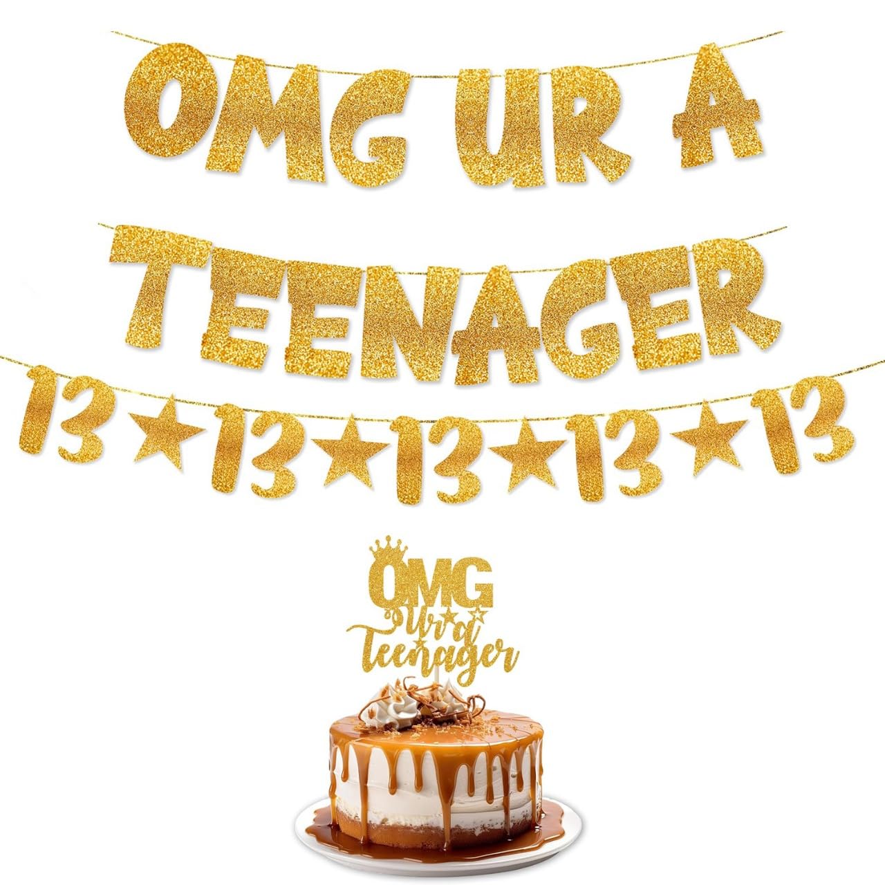 TrifleArte OMG UR A Teenager Birthday Decorations Set | Gold Glitter Banner with Cake Topper | 13th Birthday Party Supplies for Boys & Girls | Pre-Strung Garland & Cake Decoration-image-10