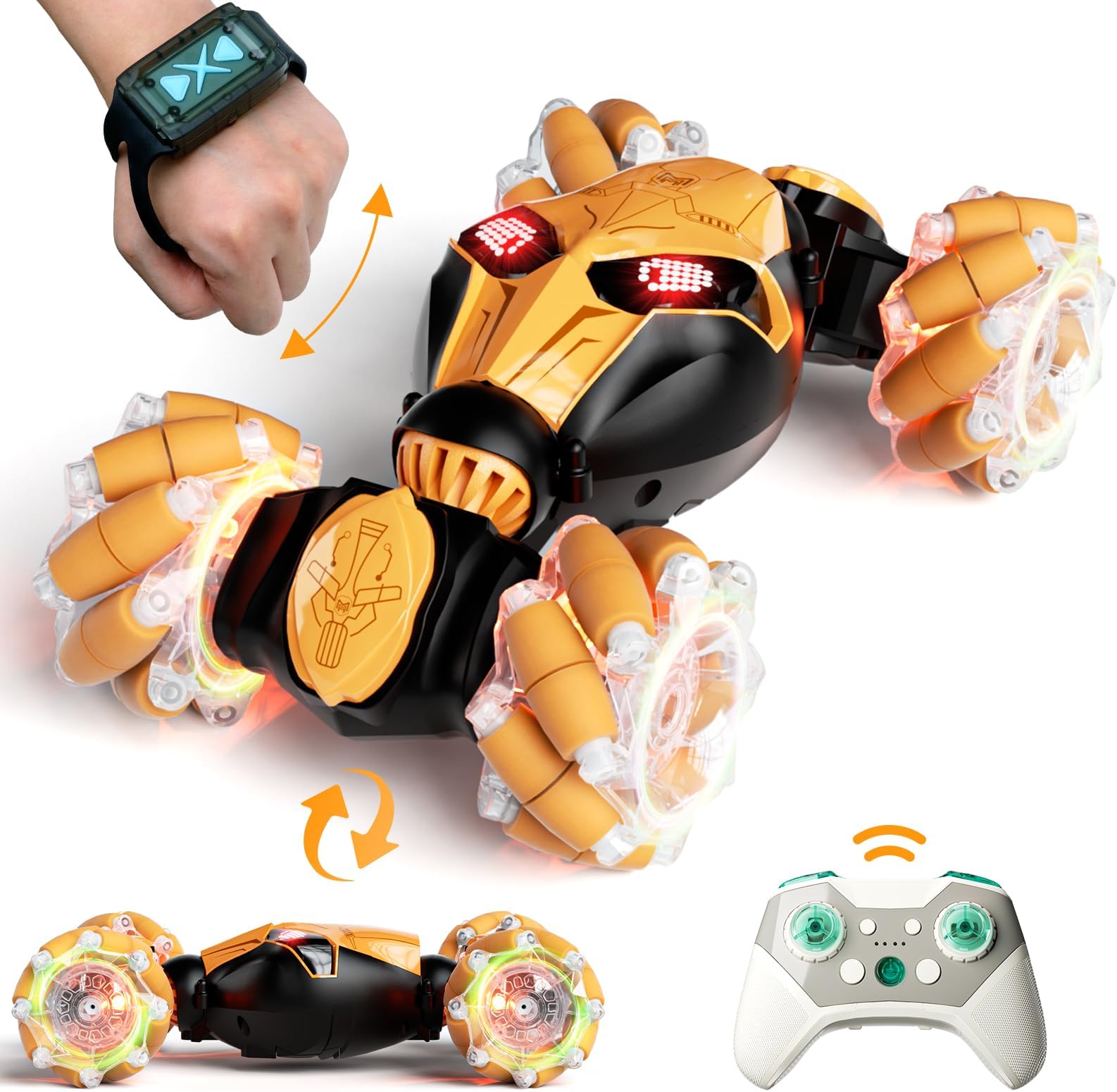 Gesture Sensing RC Car Hand Controlled Remote Control LED Car Toys for Kids 8-12 Years Old, 2.4GHz 4WD Double Sided 360° Flips Off Road Vehicle Toys w/Lights&Music, Boys Grils Brithday Gift