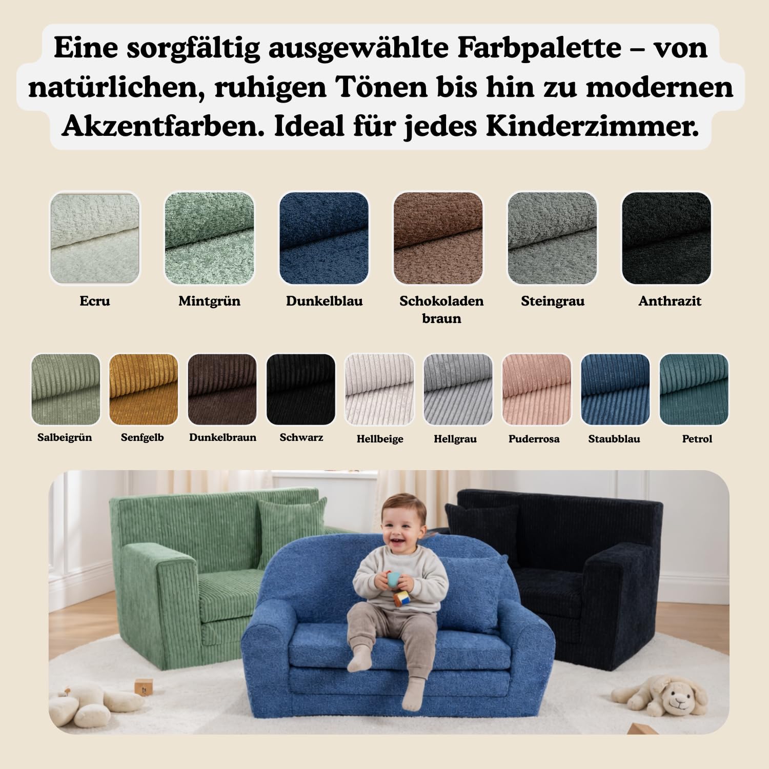 FORTISLINE Kindersofa ausklappbar aus Cord 83x47x43 cm - Kindercouch mit Liegefläche 112 cm, Kinderzimmer Sofa mit Kissen, Abnehmbarer waschbarer Bezug, Oeko-TEX Standard 100