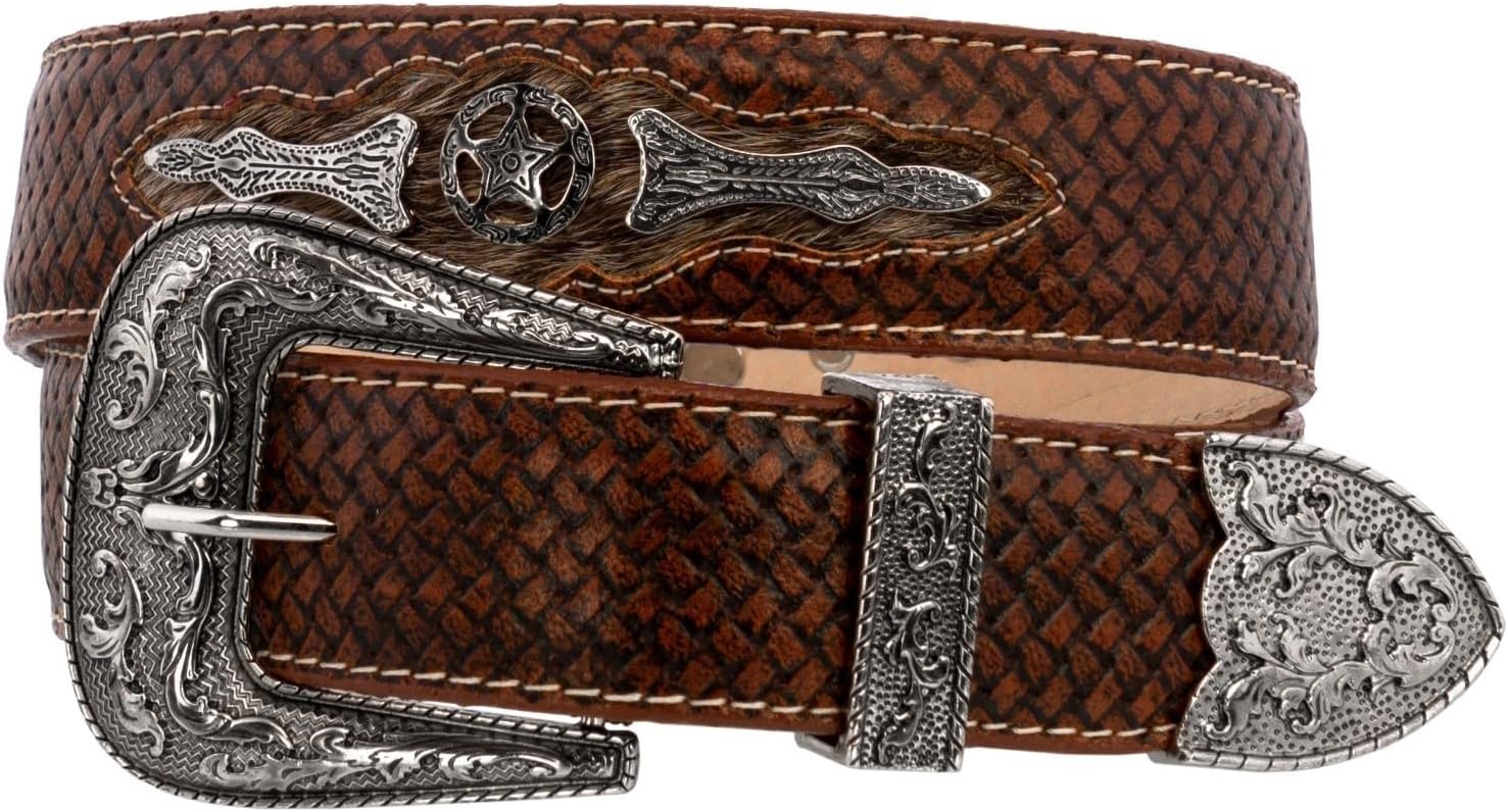 El Presidente Mens Cognac Ranger Cowboy Leather Belt Concho Silver Buckle