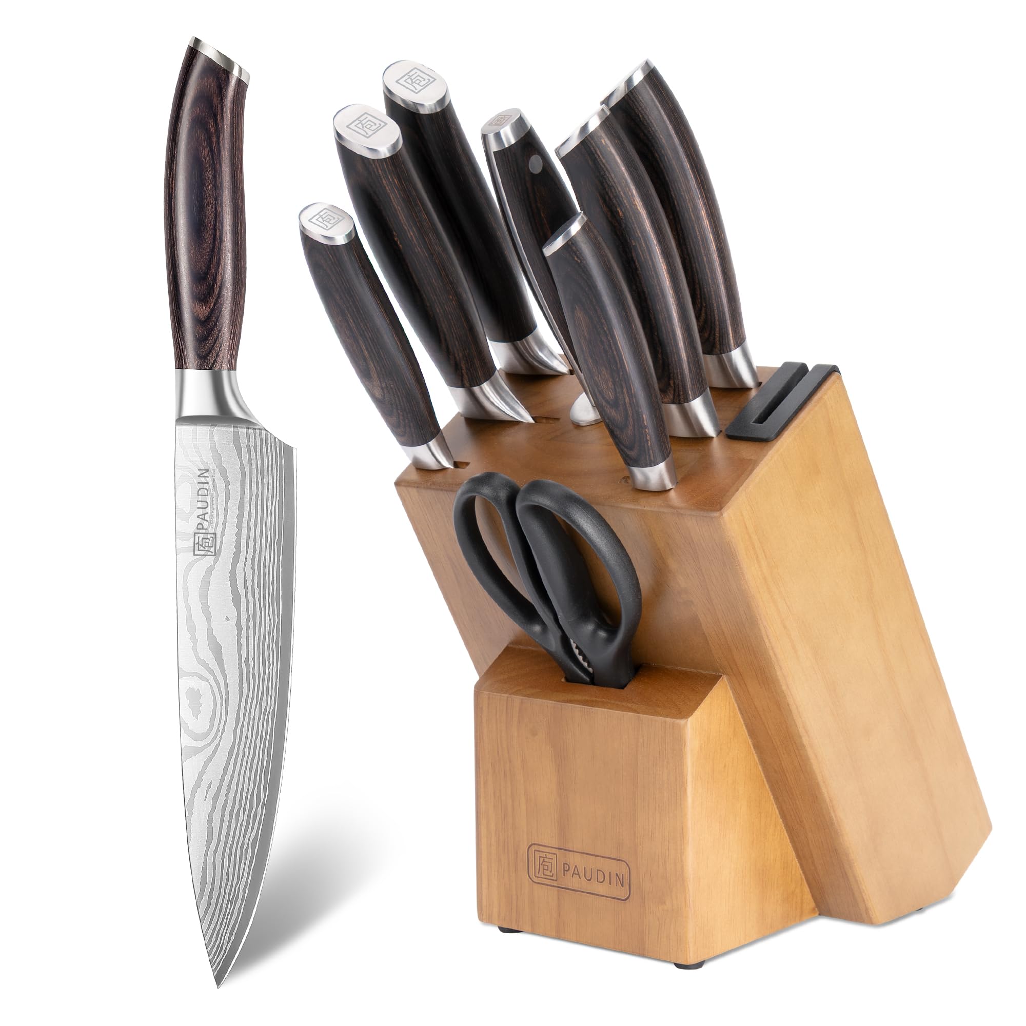PAUDIN 10-Piece Knife Set with Wooden Knife Block & Built-in Sharpener