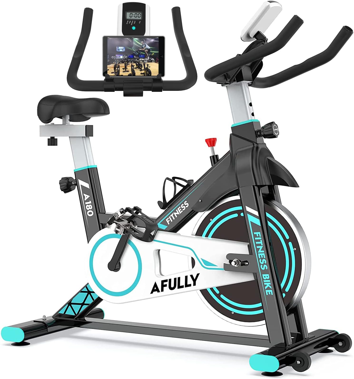 Afully Indoor Exercise Bikes Stationary, Fitness Bike Upright Cycling Belt Drive with Adjustable Resistance, LCD Monitor&Phone Holder Quiet for Home Cardio Workout