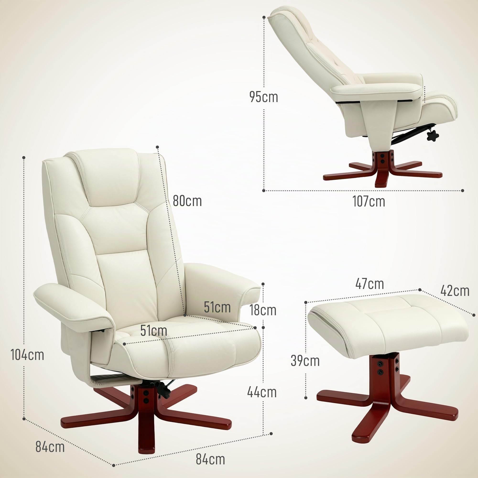 HOMCOM Sillón Reclinable con Reposapiés Sillón de Salón 150 kg Crema | Tapizado en PU, Estructura de Madera, Butaca para Dormitorio Sala de Estar