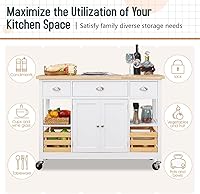 Vista 5 de MFSTUDIO Isla de cocina rodante sobre ruedas, carrito de cocina móvil de 47 pulgadas con estantes abiertos, mesa de madera de caucho, cajones, islas