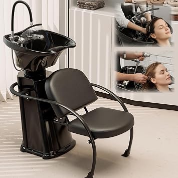 Icoget Salon Shampoo Chair and Bowl Set, Head Spa Hair Washing Station with Waterfall and Sprayer, Tilting ABS Bowl with Soft Neckrest, Barbershop Spa Equipment