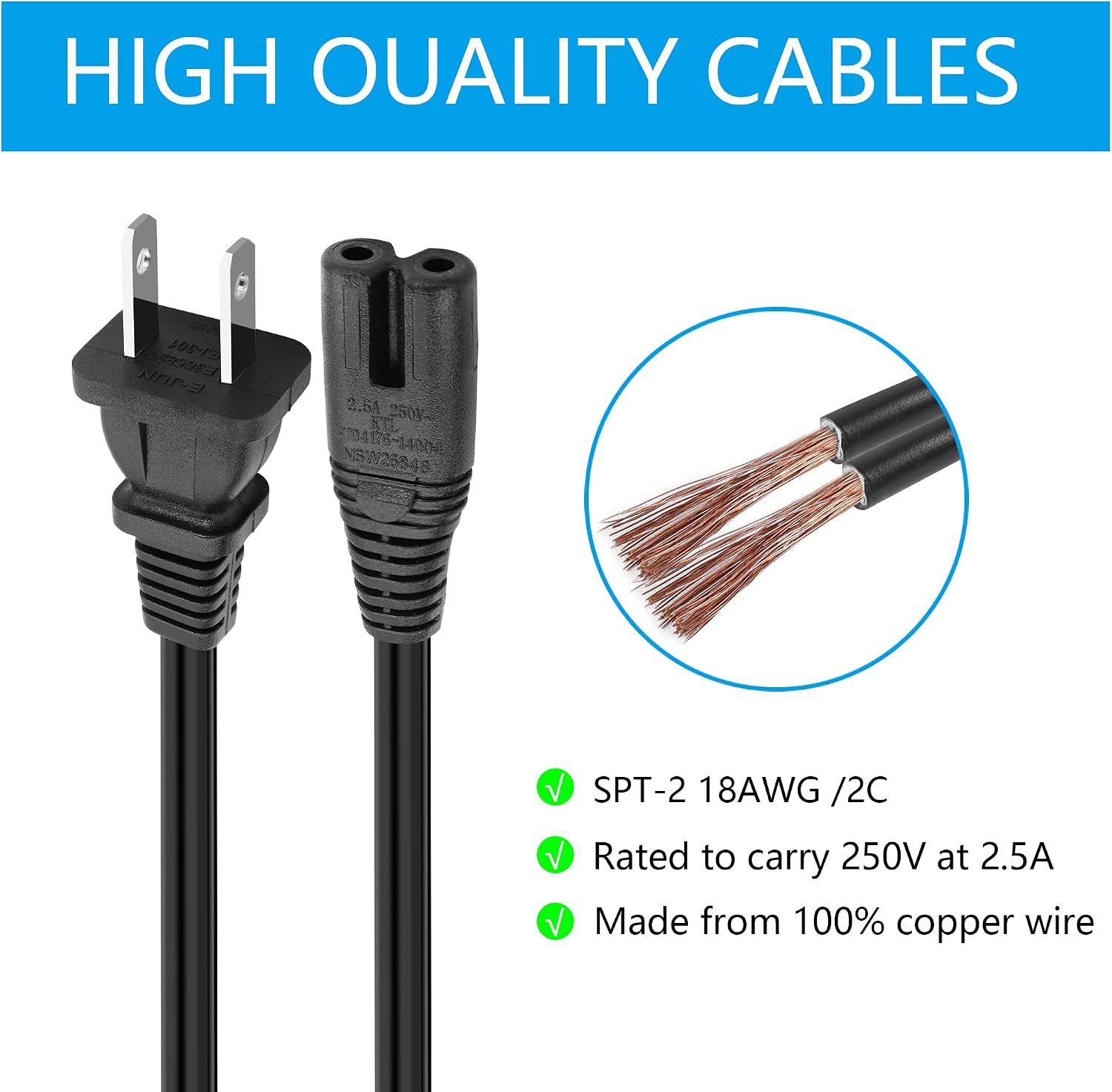 AC 2 Prong C8 Coiled Power Cable 6.5FT Standard 2.5A 250V 18 AWG for TV Power Replacement Cable (Black)