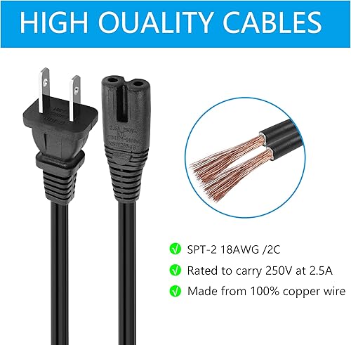 Miniatura 3 de PNGKNYOCN Cable de alimentación en espiral C8 de 2 clavijas de CA 6.5 pies estándar 2.5A 250V 18 AWG para cable de repuesto de alimentación de TV
