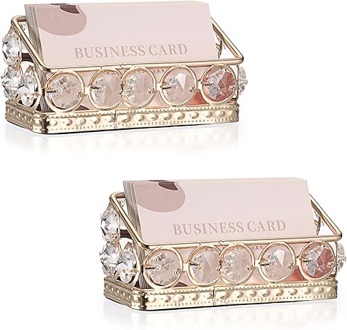 Hipiwe Paquete de 2 soportes para tarjetas de visita de cristal de metal dorado para escritorio, oficina, organizador de almacenamiento de tarjetas