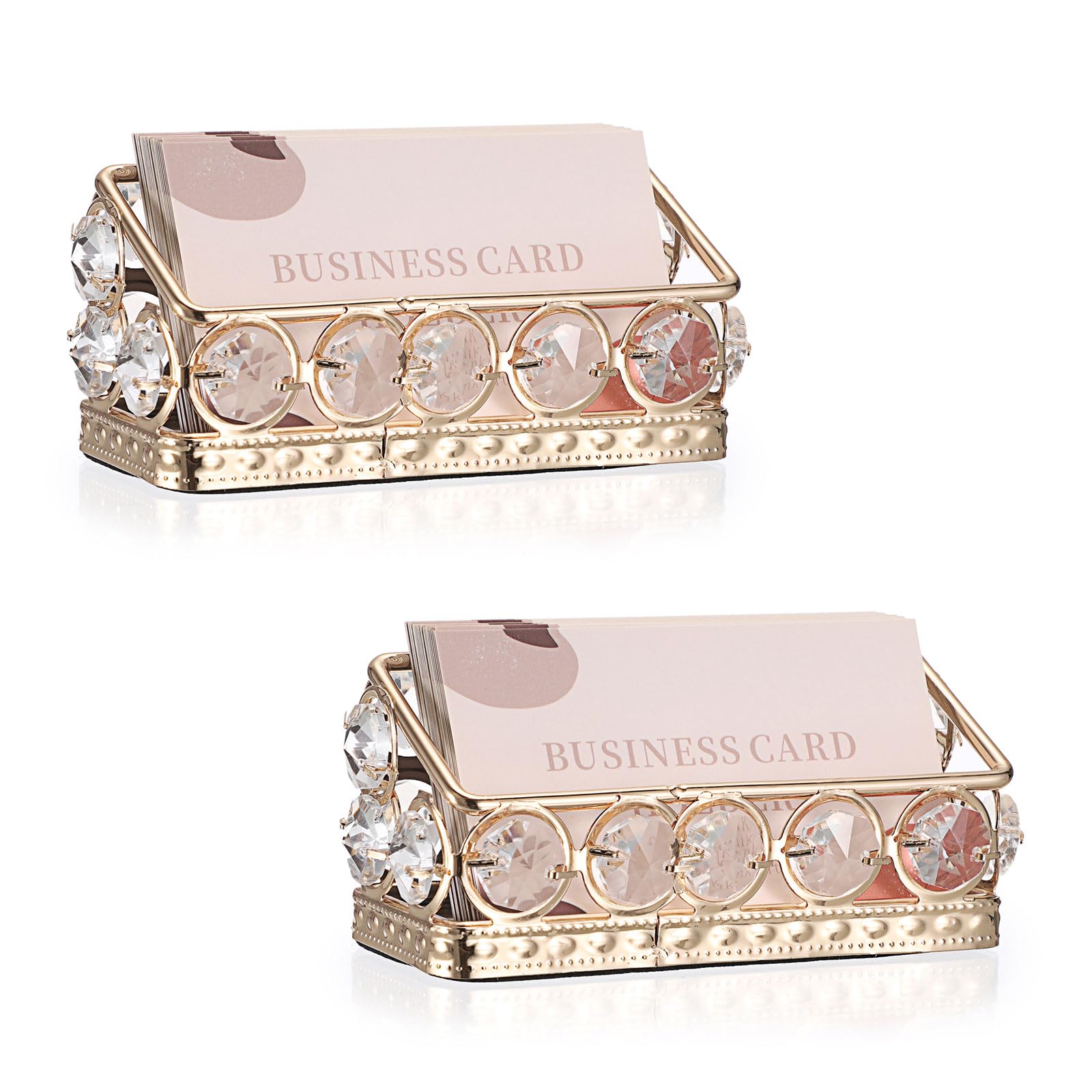Hipiwe 2 Packs Crystal Business Card Holder Gold Metal Business Card Display Holder for Desk Bling Office Desktop