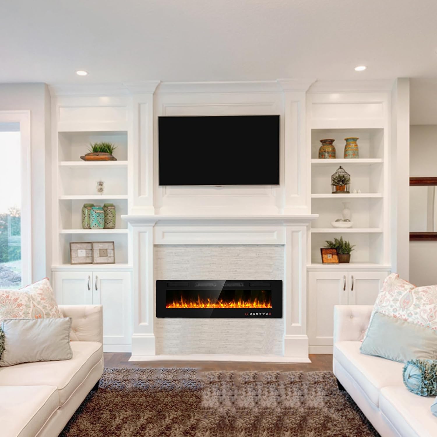 BREEZEHEAT 60" Ultra Thin Electric Fireplace Insert-ETL Certified, Recessed/Wall Mount, 3D Flame with Crystal, Remote & Touch, 750W/1500W (700 Sq.Ft), 8H Timer