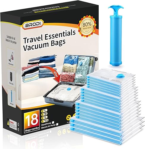 Miniatura 10 de BRODI Paquete combinado de 14 bolsas de vacío de viaje con bomba, ahorro de espacio y artículos esenciales de viaje, bolsas de sellado al vacío