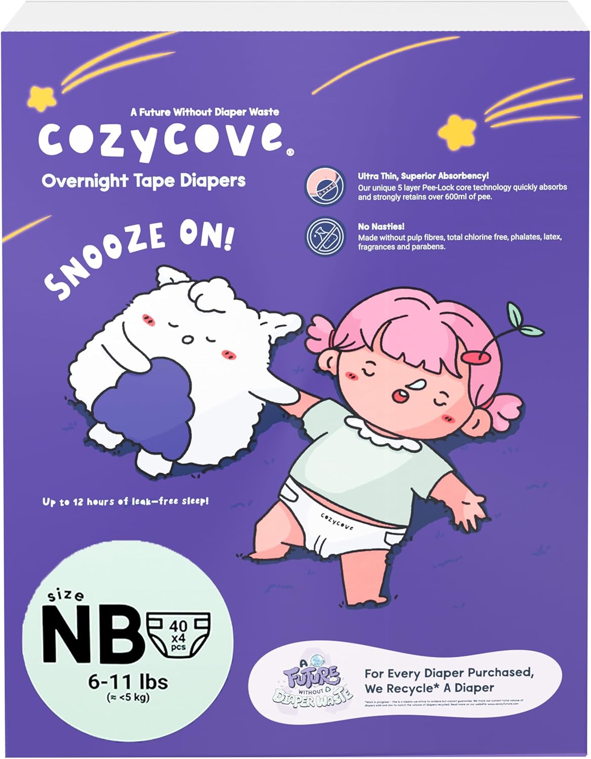 Cozycove Newborn (6-11 lbs) Diapers, 160 Count, Totally Chlorine Free, Skin-Friendly Material | Snooze On Slim Overnight Tape Disposable Diapers | 4 Bags of 40