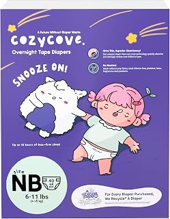 Cozycove Snooze On Overnight Baby Diapers for Sensitive Skin, Ultra Thin Tape Diapers, Newborn (6-11 lbs), 160 Count