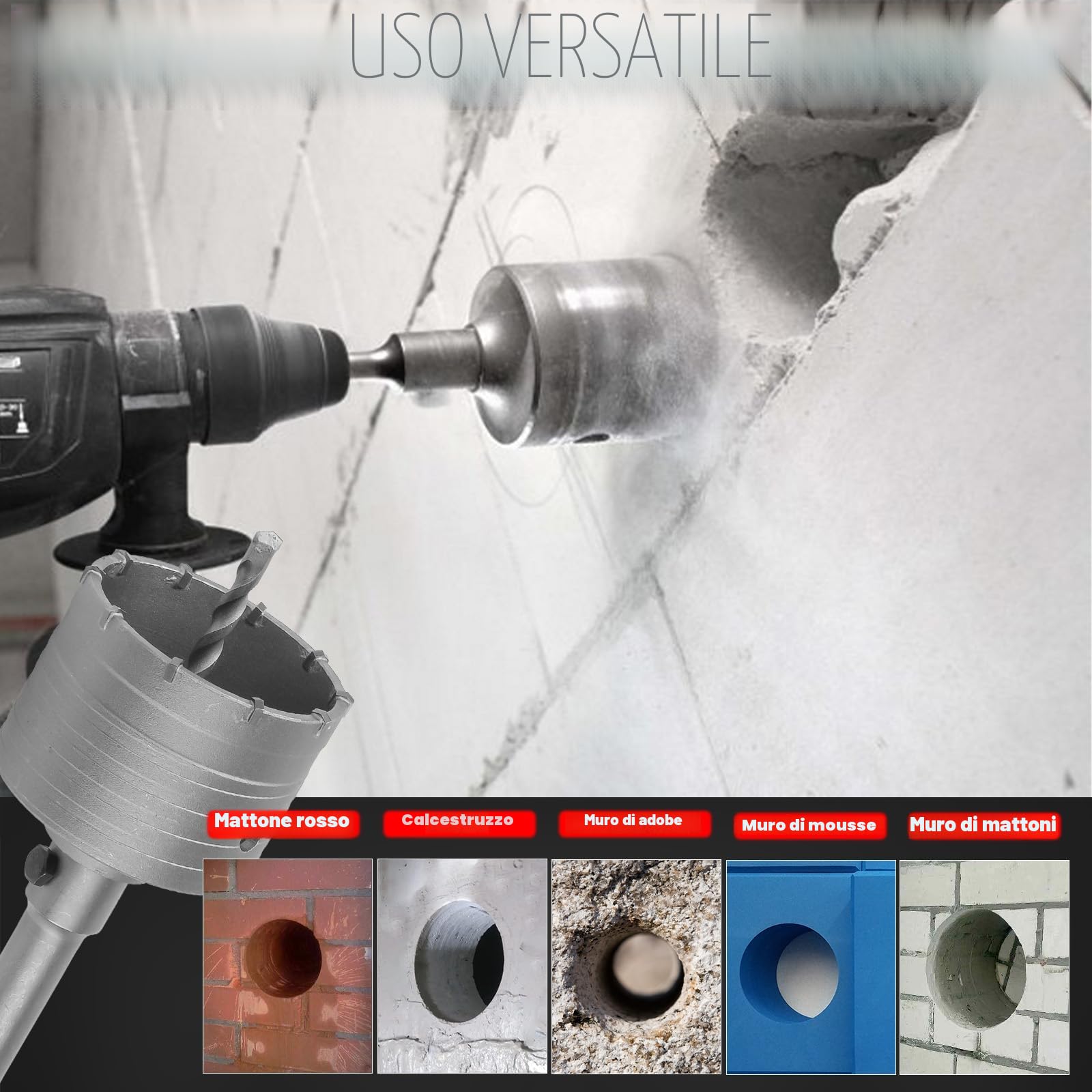 ZKH Sega a Tazza Carotatrice a Tazza Per Muro 9 Pezzi, Ø30, Ø40, Ø65, Ø80, Ø100 Mm, Con Albero SDS Plus Da 300 Mm E SDS-Max Da 300 Mm,fresa a Tazza Per Calcestruzzo, Mattoni, Pietra, Pareti E Cemento