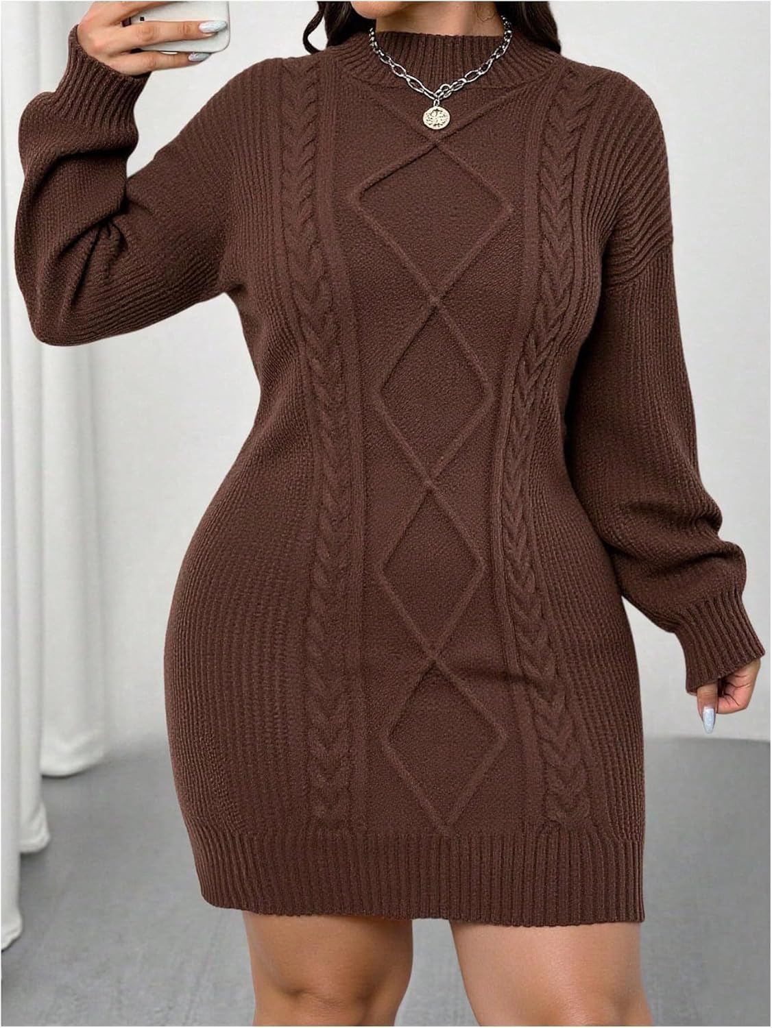 Women's Plus Size Cable Knit Sweater Dress Fall Lantern Sleeve Crew Neck Elegant Casual Short Dresses - Image 3
