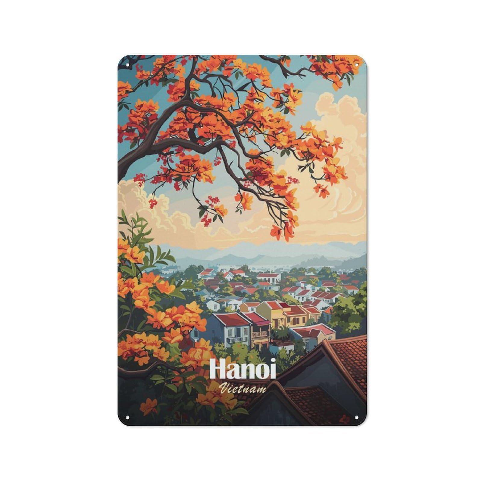 Junmoney Hanoi, Vietnam Cityscape With Orange Flowers Metal Wall Sign 30X20cm, Rustic Classic Pub Decor For Cafe, Pub, Workshop Or Home Bar