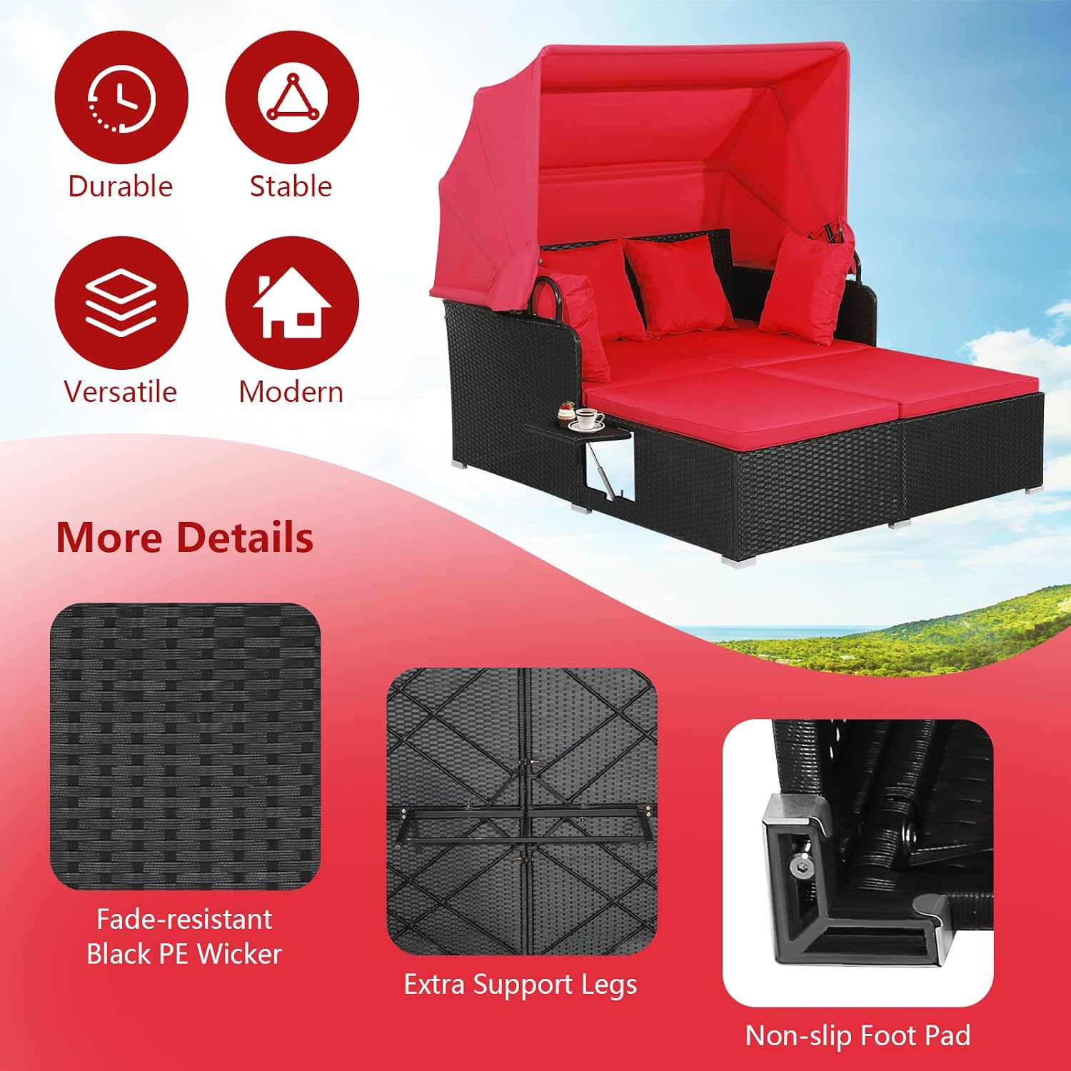 ORALNER Outdoor Daybed, 2-Person Wicker Patio Sofa with Retractable Canopy, Cushions & Pillows, 2 Side Trays, PE Rattan Double Sunbed Lounger for Deck Poolside Backyard Garden Balcony (Red)