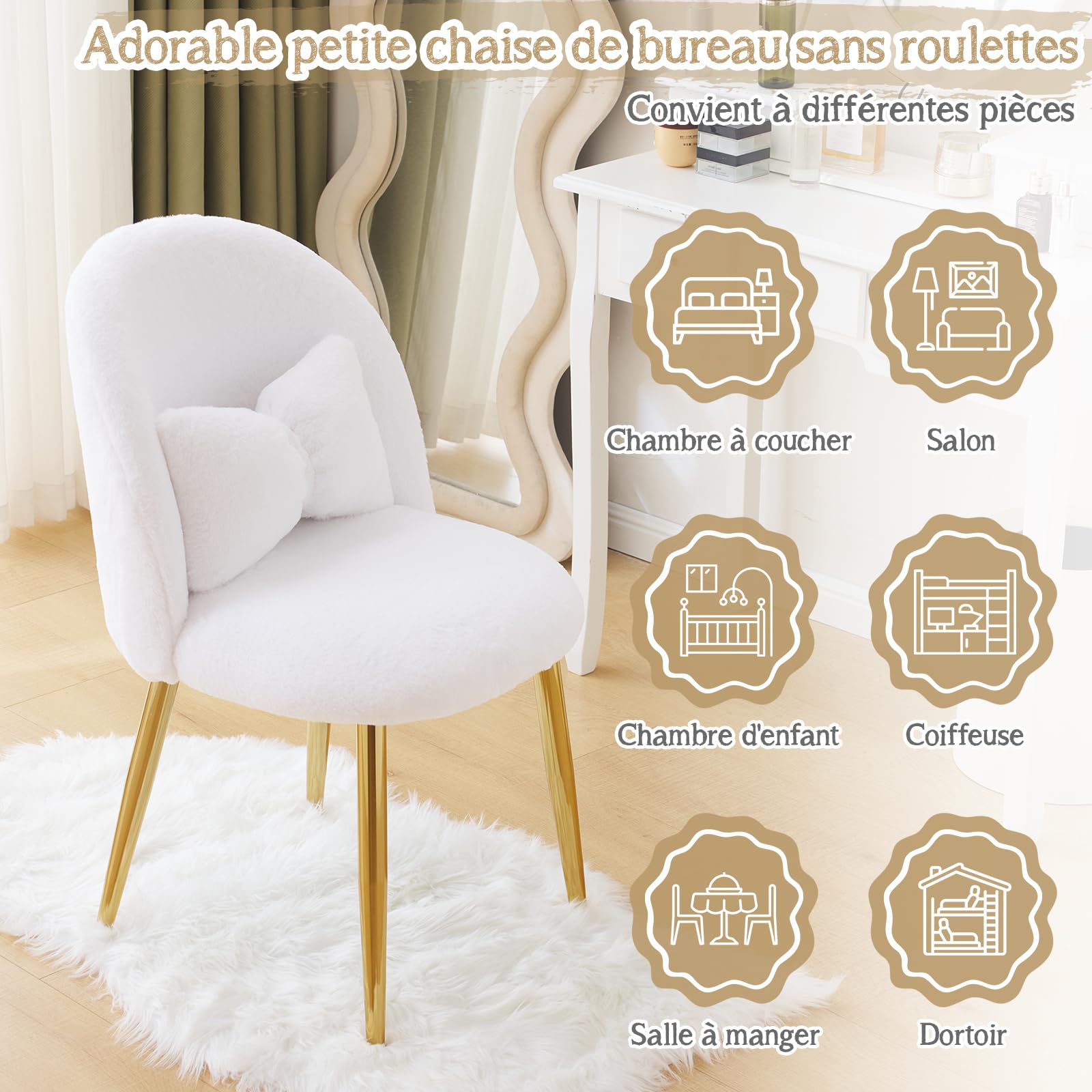 Bonnlo Poltrona Relax, Sedia da toeletta, Poltrona con Cuscino Nodo, Schienale Curvo senza Braccioli, per Soggiorno, Ufficio, Camera da letto, Peluche Coniglio, Bianco, 55 x 48 x 78,5 cm
