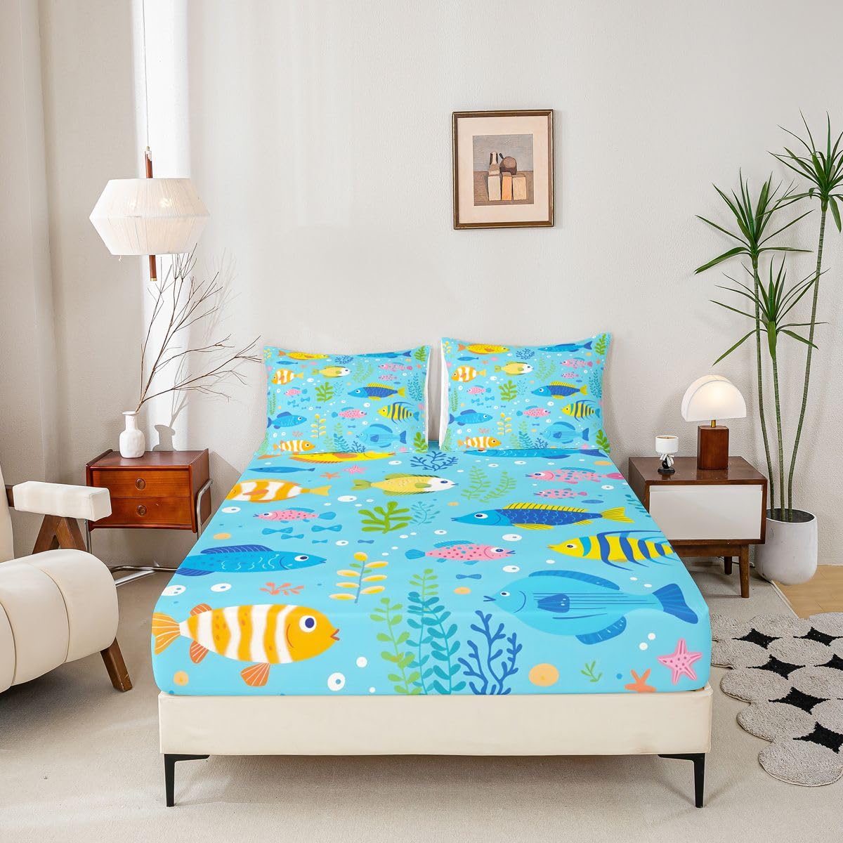 Homewish Sea World urocze ryby podwójne płaskie prześcieradło z gumką niebieskie zwierzę morskie kreskówka prześcieradła głęboka kieszeń 16 cali (40 cm), zestaw prześcieradeł bąbelkowych z 2
