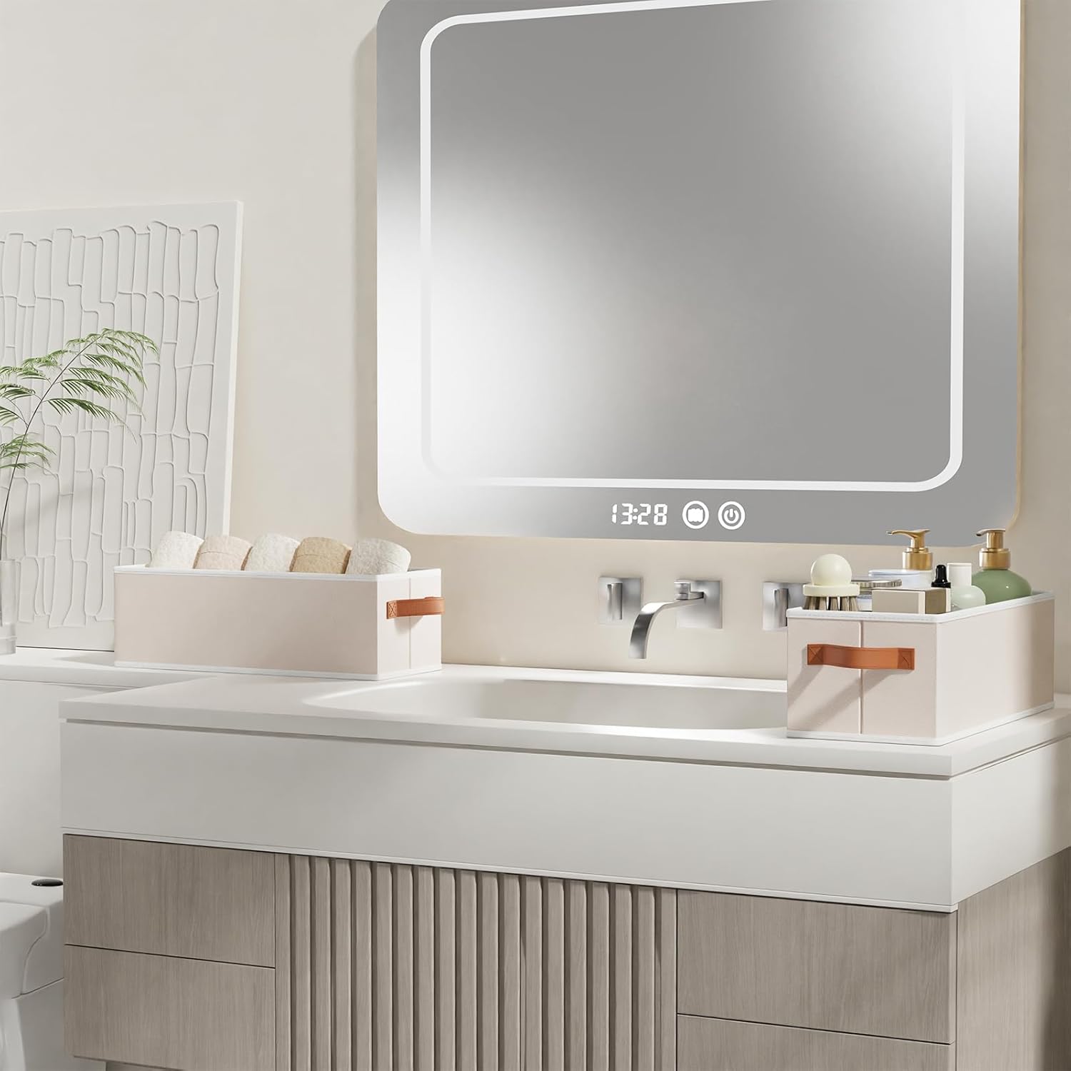 Storage Bins, Fabric Foldable Baskets for Shelves, Collapsible Storage Box Containers with Double Handles, Beige, 15 x 6 x 5 Inch, 3-Pack