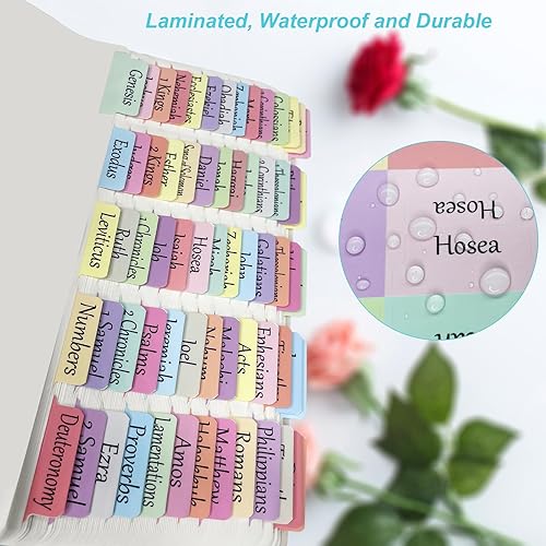 Vista 16 de Pestañas de la Biblia católica boho para mujeres/hombres/niños – 100 fichas laminadas, de índice del Antiguo y Nuevo Testamento para estudio