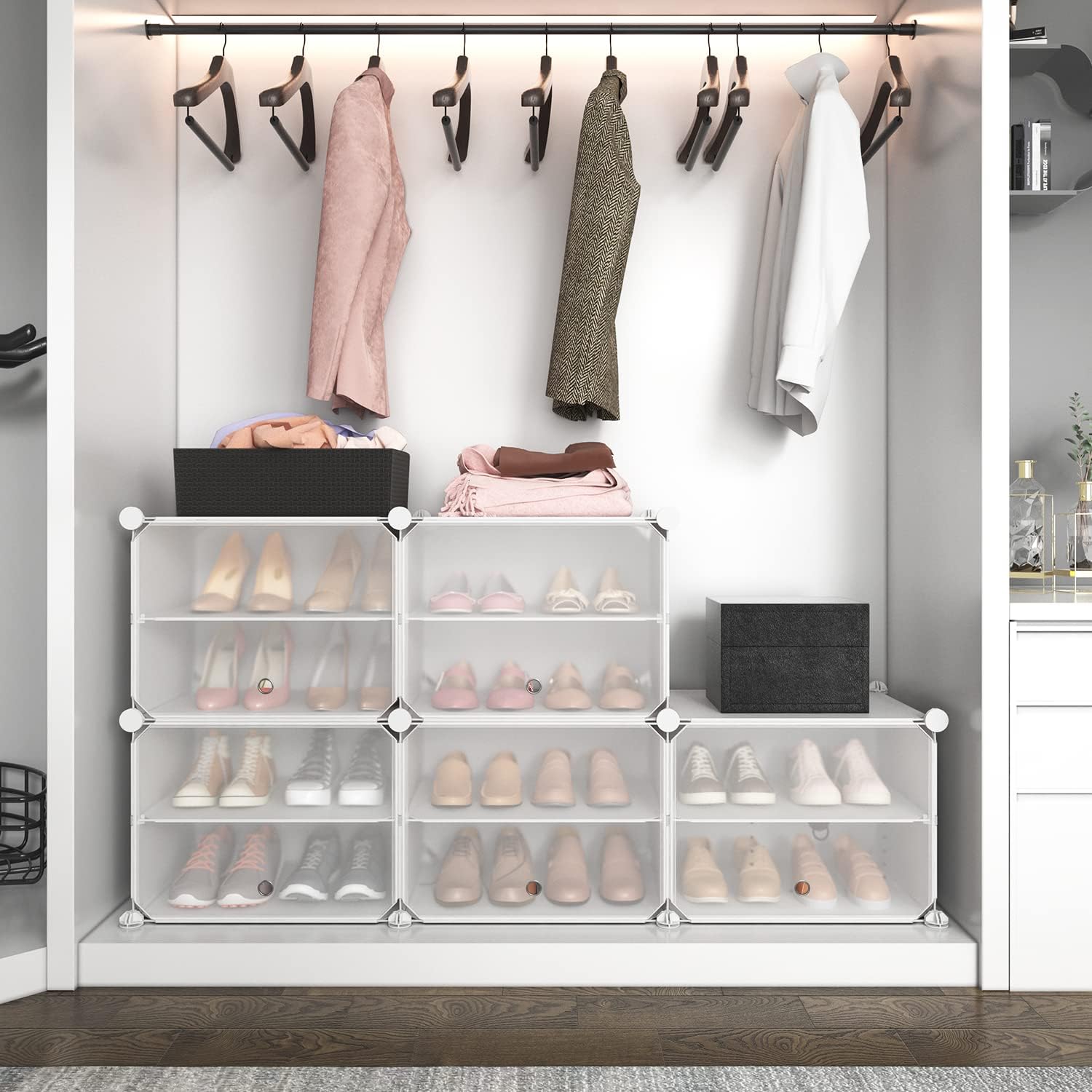 ROJASOP Shoe Organizer, 10-Tier Portable Shoe Rack Organizer with 2 Hooks 20 Pairs Shoes Storage Cabinet with Doors Plastic Shoe Closet for Entryway Bedroom Hallway (Clear, 1 by 10)