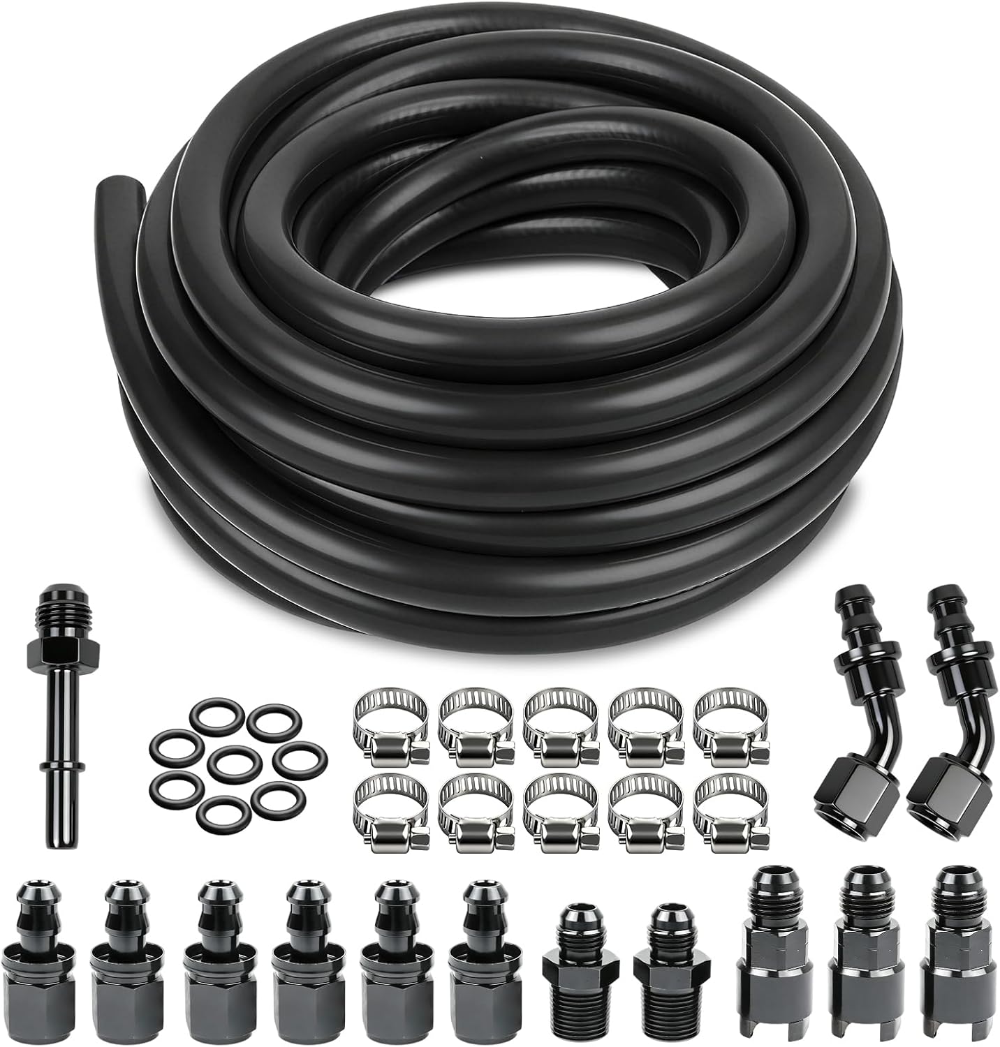 Fuel Line Kit Push Lock 3/8 Inch 25FT SAE 30R7 NBR Rubber Hose with 10 Hose Clamps 14 Fitting Adapters 25PCS