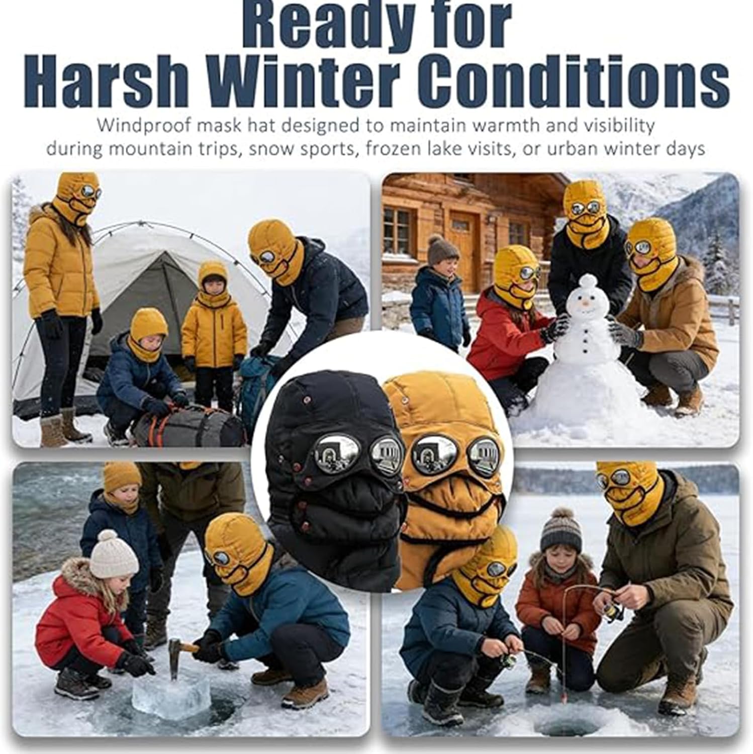 Winter Thermal Hat with Glasses Winter Pilot Hat Trapper Hats Goggles and Face Mask Outdoor Sport Ski(Yellow)