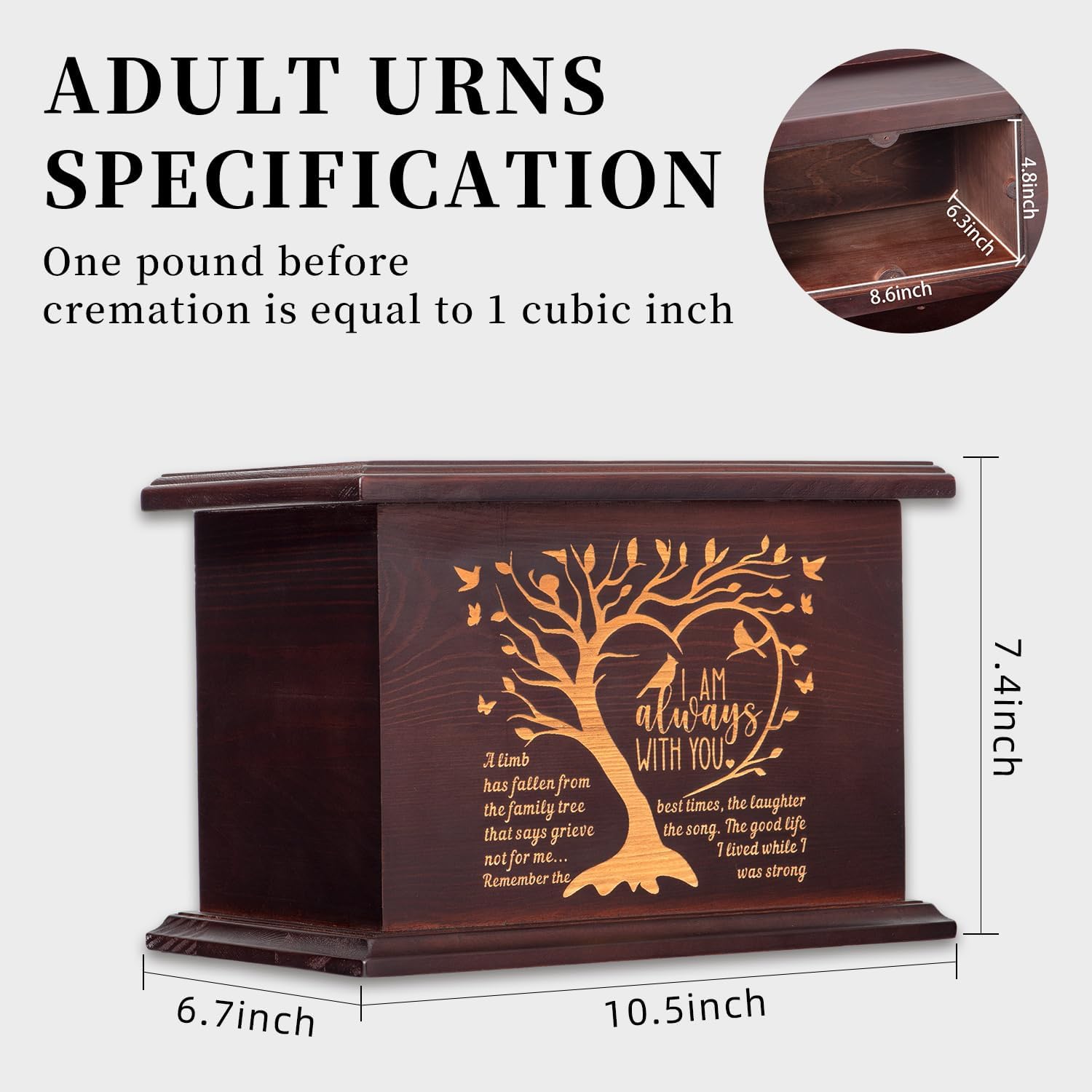 Cremation Urns for Human Ashes Adult Female Male Wooden Urns for Men Women Funeral Memorial Decorative Wood Urns for Ashes Large Burial Urn Box (L-Tree)
