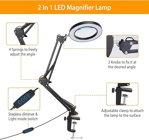Miniatura 6 de Lupa con luz y soporte, lámpara de aumento Moclever 8x, lámpara de escritorio 2 en 1 y abrazadera, lámpara de manualidades con 10 modos de brillo, 3