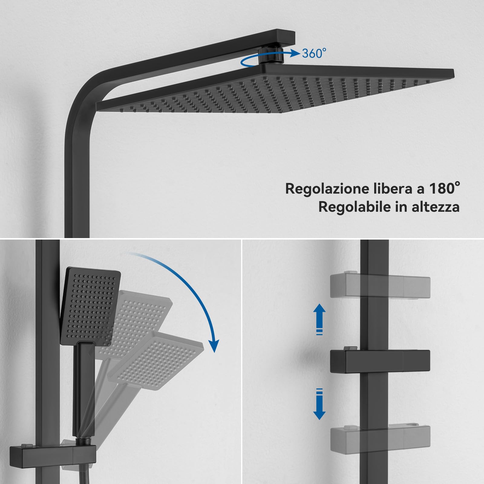 Auralum Colonna Doccia Nera con Miscelatore Termostatico, Miscelatore Doccia Esterno Ottone, Set Doccia Soffione Quadrato 25cmx25cm, Asta Saliscendi Doccia in Acciaio Inox Altezza Regolabile 97-130cm