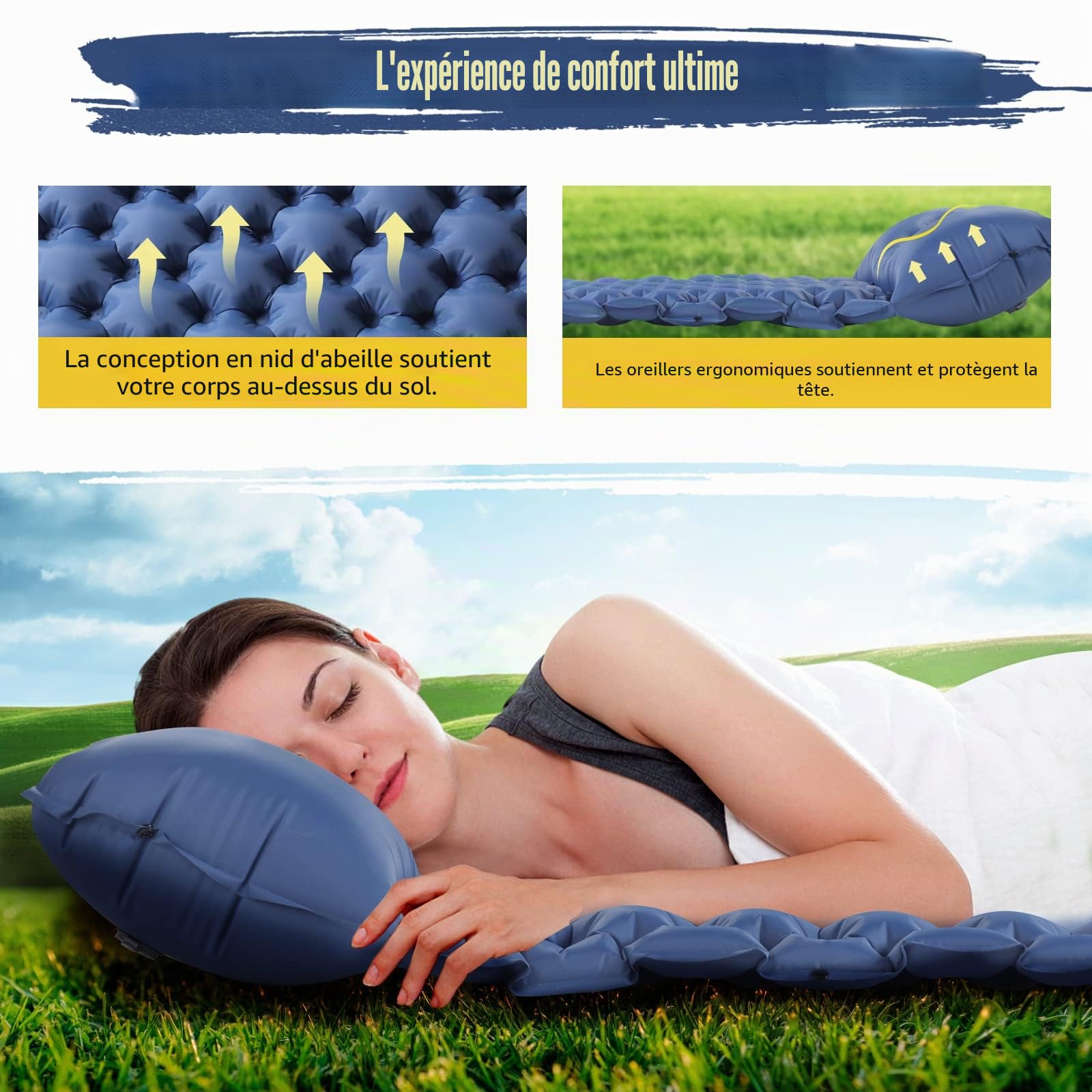 Elegear Matelas Gonflable pour 2 Personnes - Tapis de Couchage Ultra Léger Sans Pompe pour Camping, Randonnée, Voyage, Plage - Accessoires de Camping