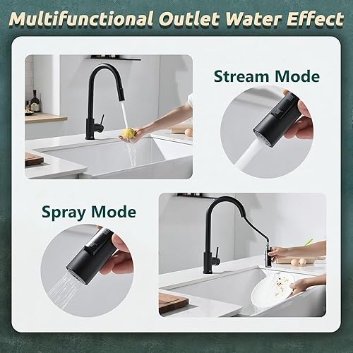 Miniatura 2 de APPASO Grifo de cocina con negro mate extraíble, un solo mango de arco alto cuello de cisne moderno grifo de fregadero de cocina con placa de