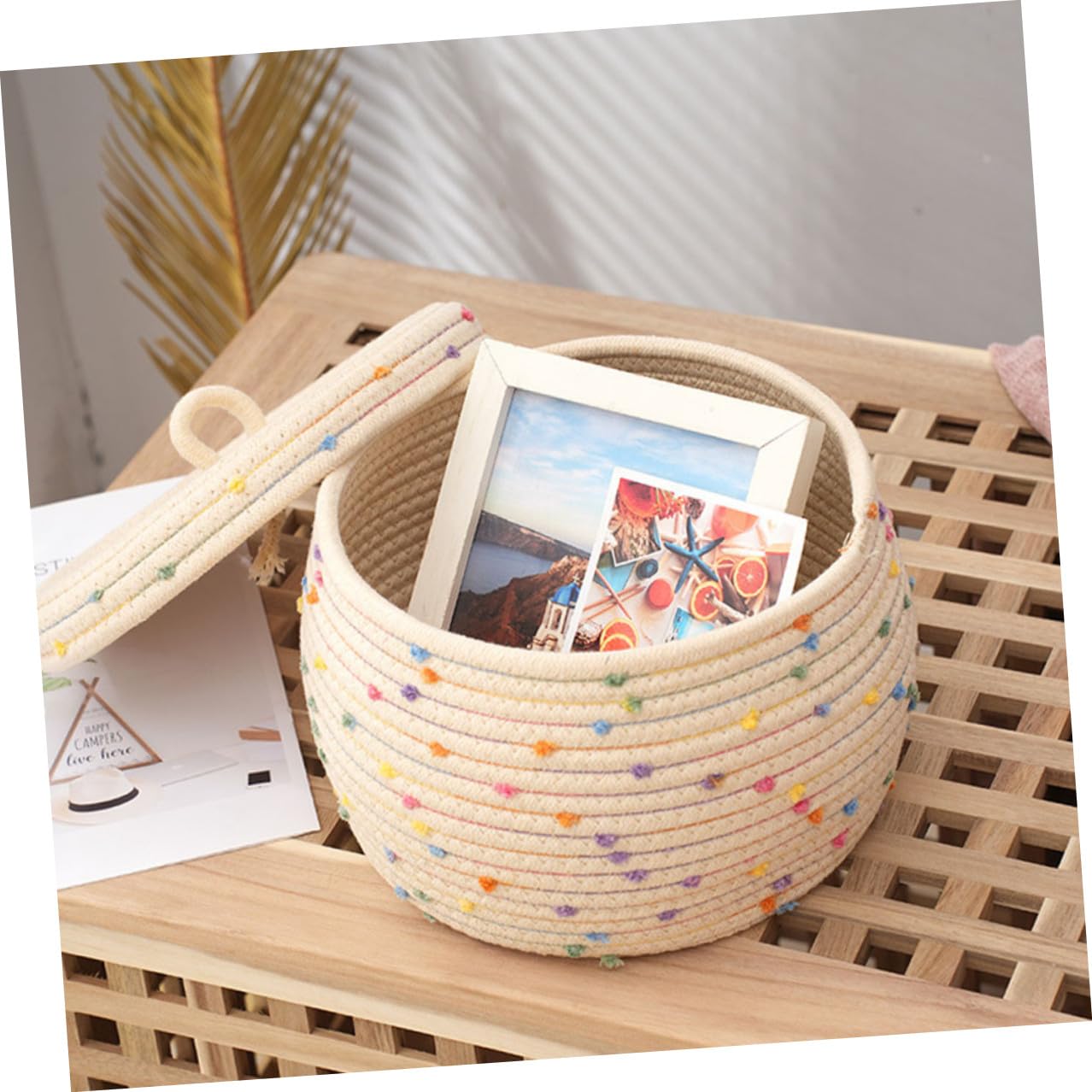 TOYANDONA Cestino Porta Uova Design Semplice e Funzionale in Corda di Cotone Intrecciata con Coperchio, Organizer da Scrivania Versatile e Delicato la Casa