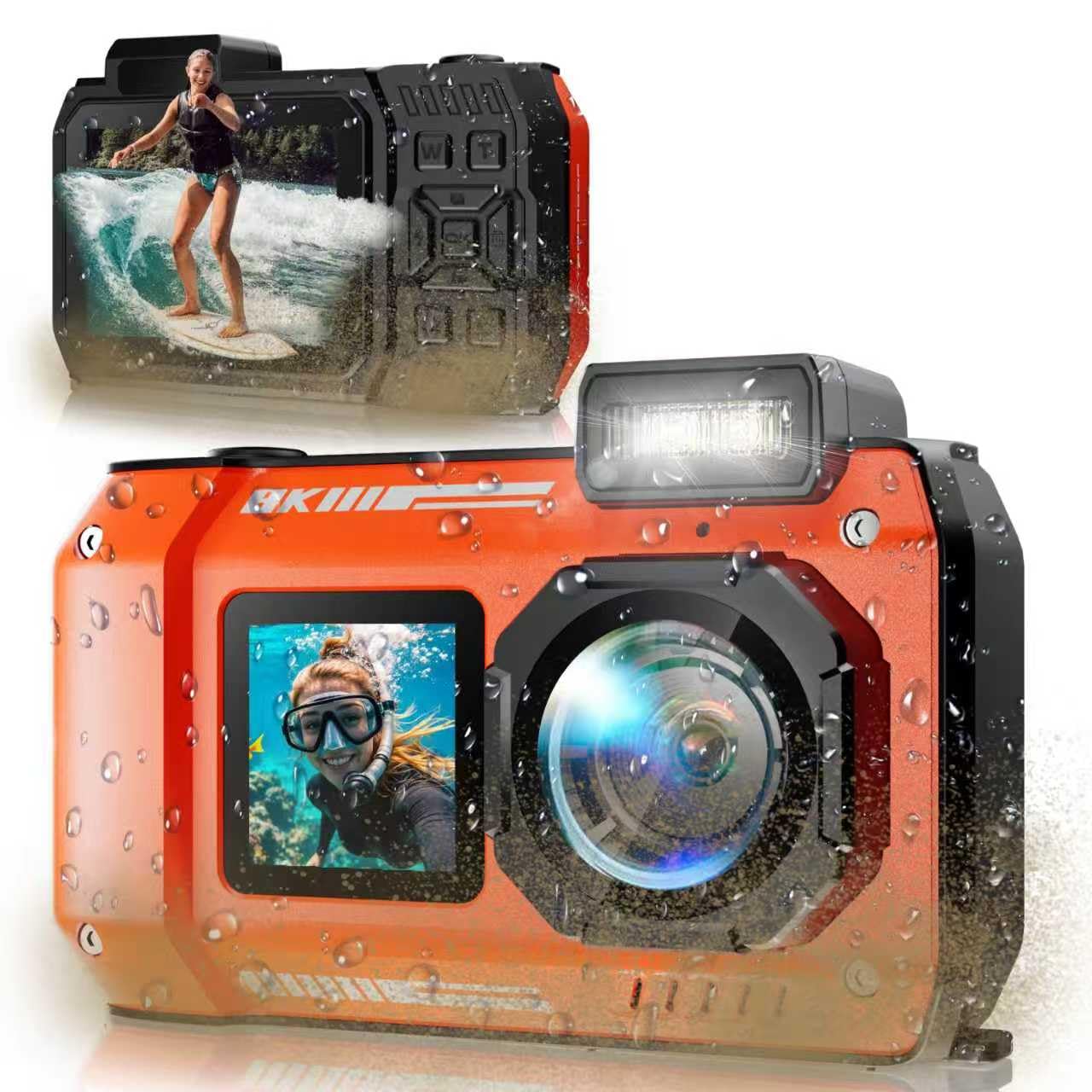 MaxMango D50 33FT Fotocamera Subacquea, 8K 70MP Macchina Fotografica Impermeabile con Doppio Schermo, Batteria 2500mAh, Fotocamera Digitale per Snorkeling Nuoto Surfing, 16GB, Arancione