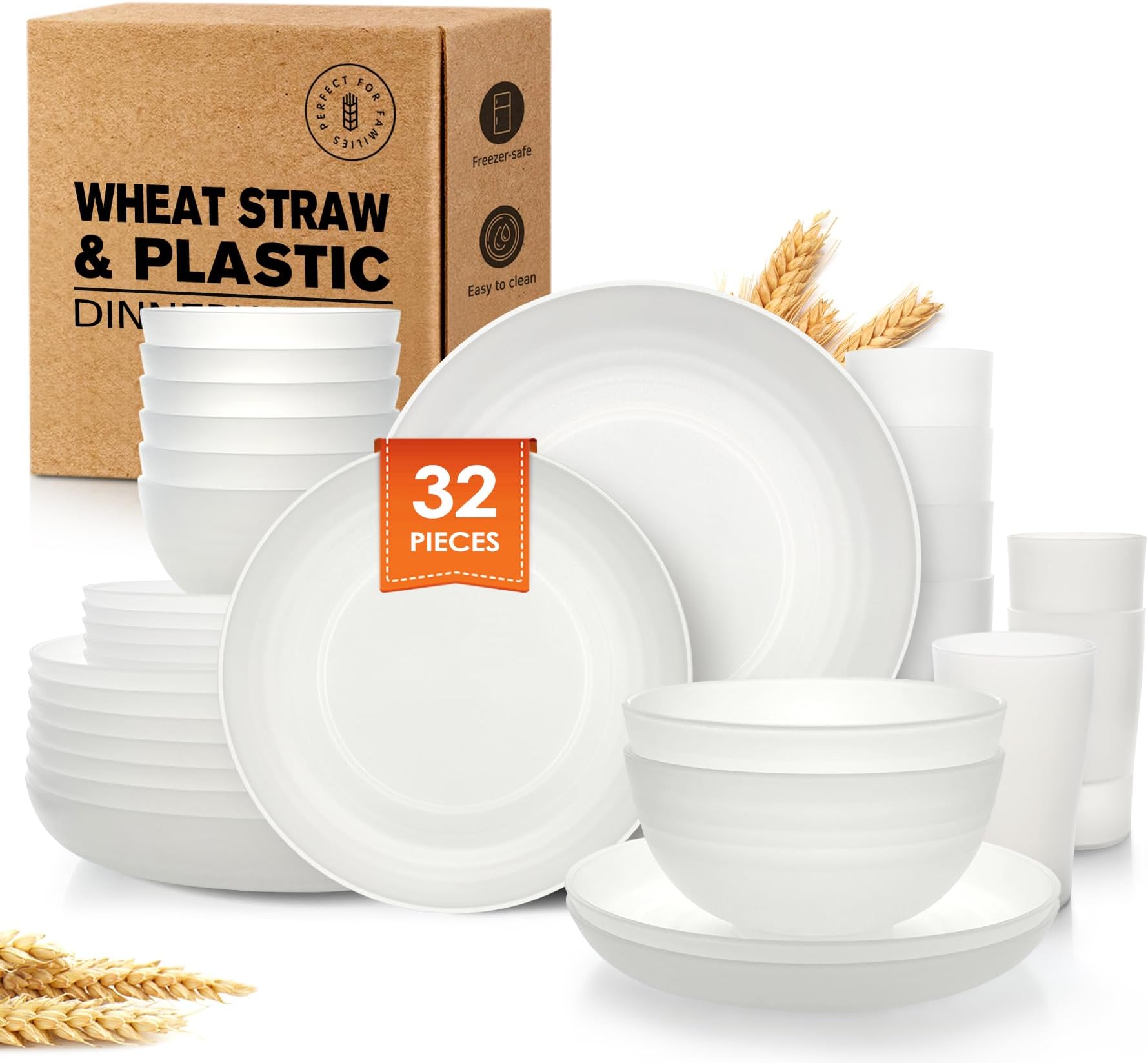 Teivio32-Piece Kitchen Plastic Wheat Straw Dinnerware Set, Service for 8, Dinner Plates, Dessert Plate, Cereal Bowls, Cups, Unbreakable Colorful Plastic Outdoor Camping Dishes,Clear