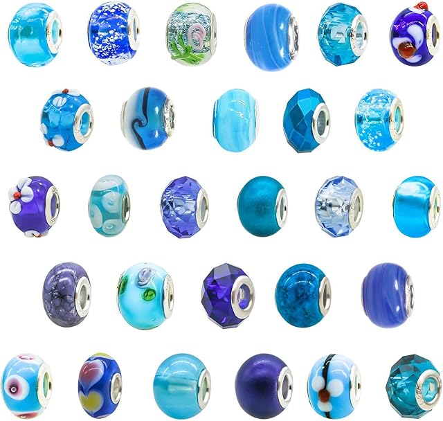 TOAOB 10pcs Sky Blue Theme Big Hole European Beads Classic Glass Beads Murano Charms with Brass Silver Core about 14x10.5mm Fit DIY Craft Jewellery Making