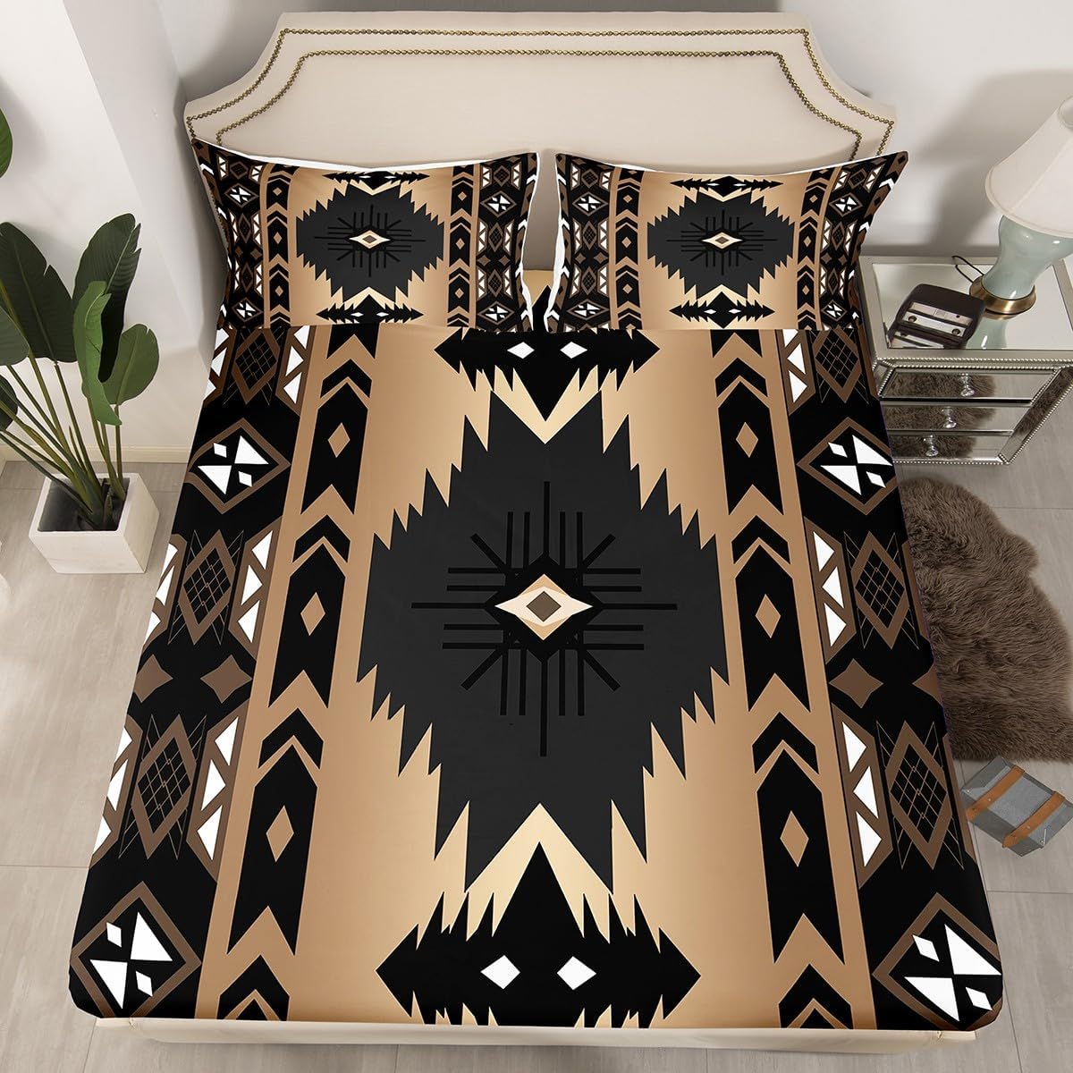 Western Fitted Sheet Boho Decor Aztec Full Size Bed Sheets, Ethnic Tribal Arrow Vintage Geometric Southwestern Triangle Diamond Bedding Set
