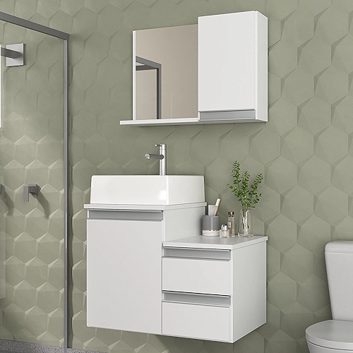 Gabinete Banheiro Cross 60cm com Cuba e Espelho (Branco Inteiro)