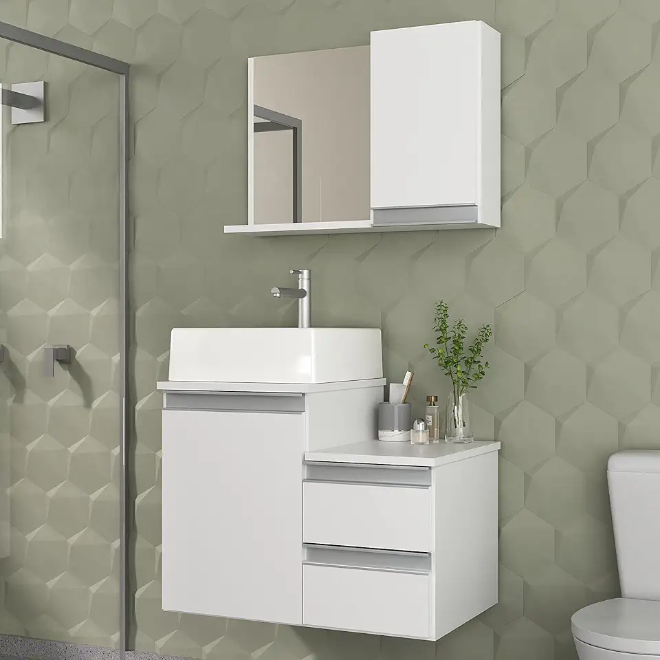 Gabinete Banheiro Cross 60cm com Cuba e Espelho (Branco Inteiro)