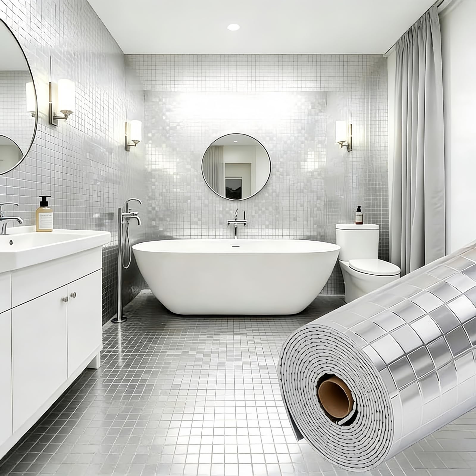 Camiraft 3D Mosaic Bathroom Wallpaper Silver Self-Adhesive Wallpaper 3mx40cm Thermal Wall Paper for Bad Cold Walls -1 Rolls=1.2m² 2.2mm Thick Waterproof Splashbacks for Kitchen Bedroom Living Room — image 1