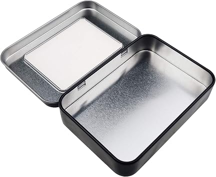 Goodma 8 Pieces Rectangular Metal Empty Hinged Tins, Black | Home Storage Containers Organizer, Mini Box, Clear Window Lid, 10 x 7 x 2 cm