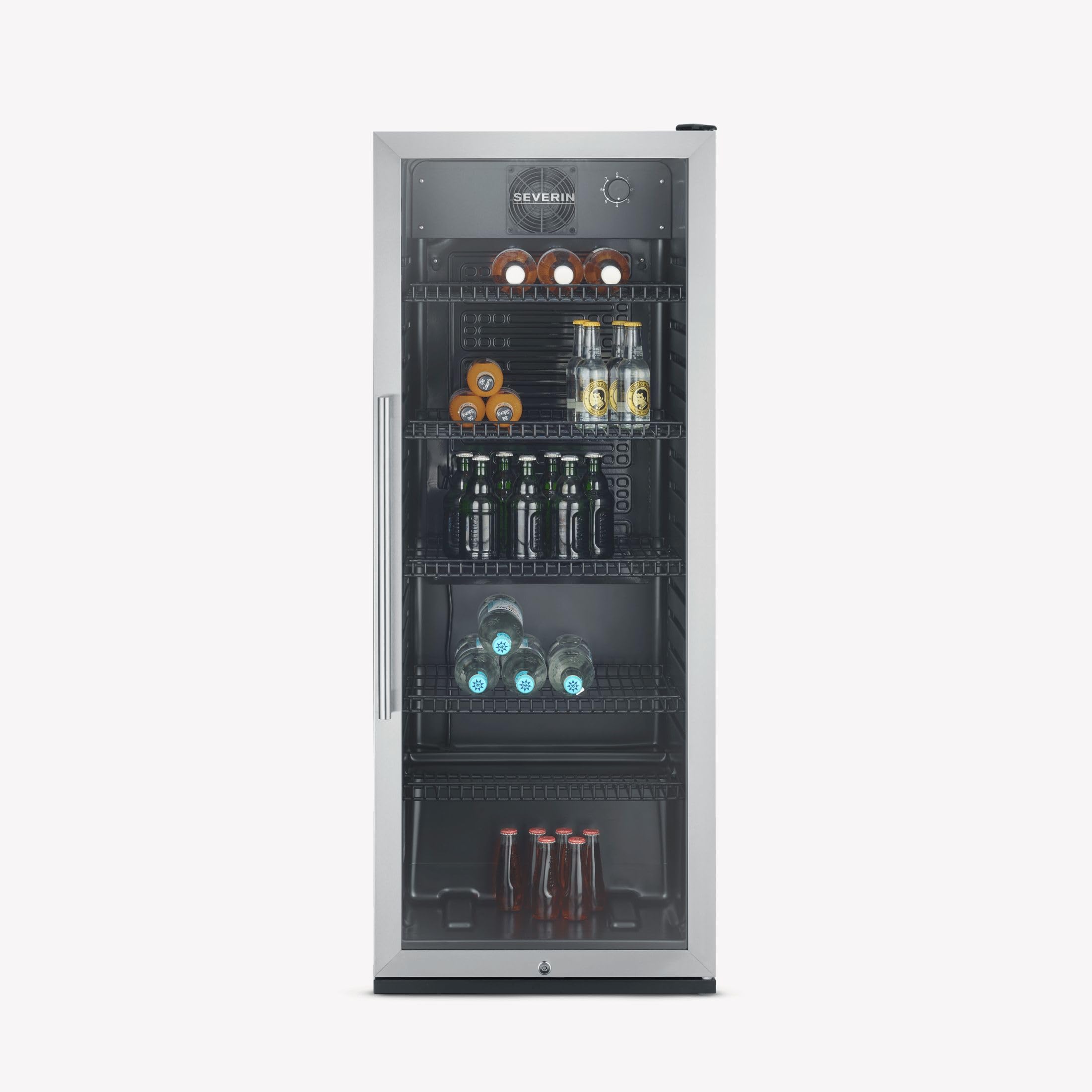 SEVERIN Frigorifero per Bottiglie, 237 Litri, 272 Lattine, Porta in Vetro, Serratura Integrata, Temp. 0-10°C, Luce LED, Classe C, Uso Commerciale, 54,5 x 54,0 x 141,0 cm, Nero - FKS 8841