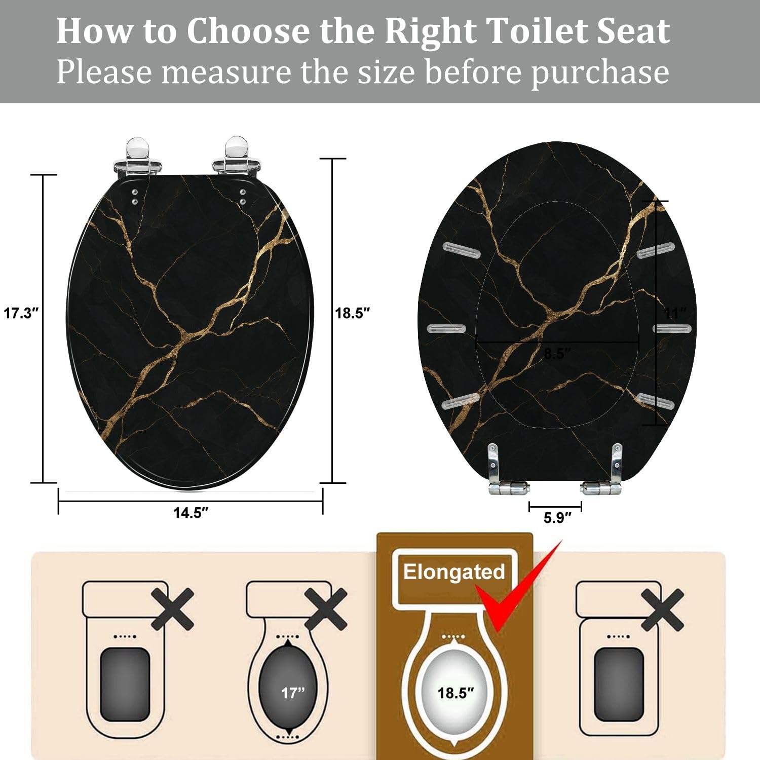Asiento de inodoro alargado con bisagras de liberación rápida, textura de mármol negro natural con patrón dorado, cierre silencioso y limpio.