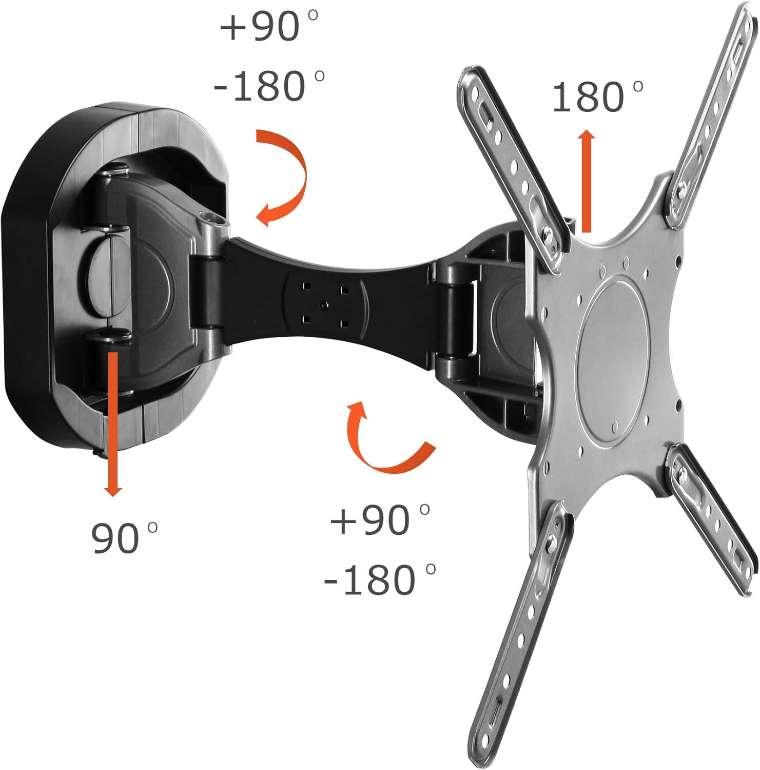 Diagram showing the swivel and tilt capabilities of the TV wall mount, indicating 90 to 180 degrees swivel and 90 degrees vertical adjustment.