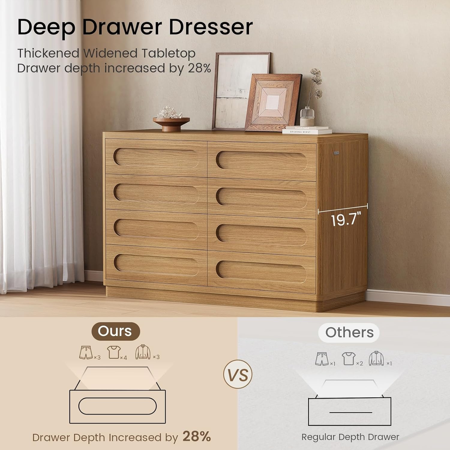 Dresser for Bedroom with 8 Drawers, 47.2" Wide Dresser for Closet with Deep Drawer, Large Wood TV Stand, Modern Chest of Drawers for Bedroom, Hallway, Oakbrown