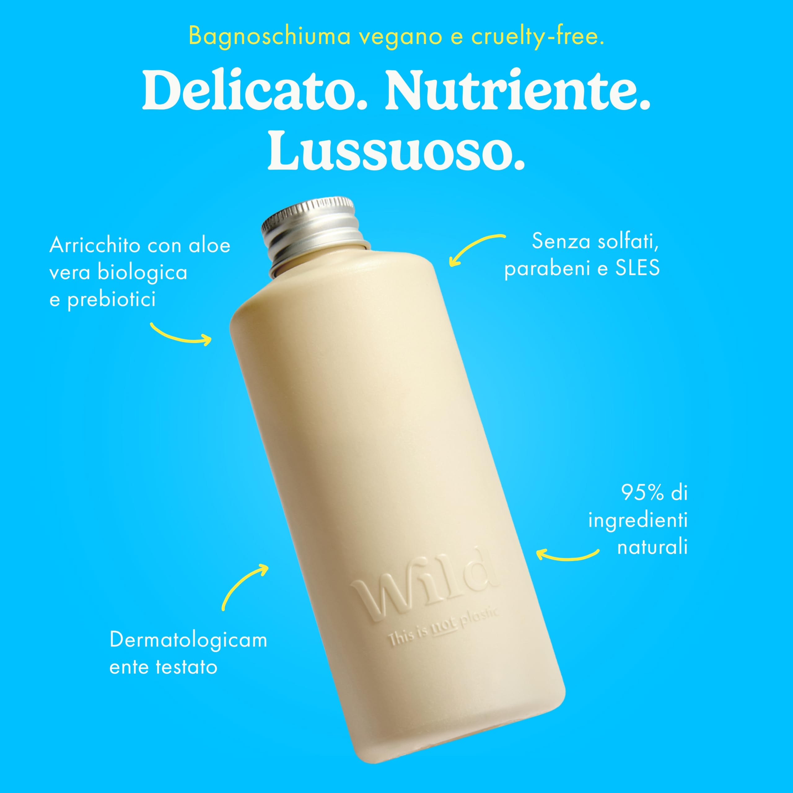 Starter pack con bagnoschiuma ricaricabile Wild - flacone in alluminio Avorio e 3 ricariche di gel doccia in diverse fragranze: Coconut & Vanilla, Honey & Almond e Amber & Oud - naturale al 95%