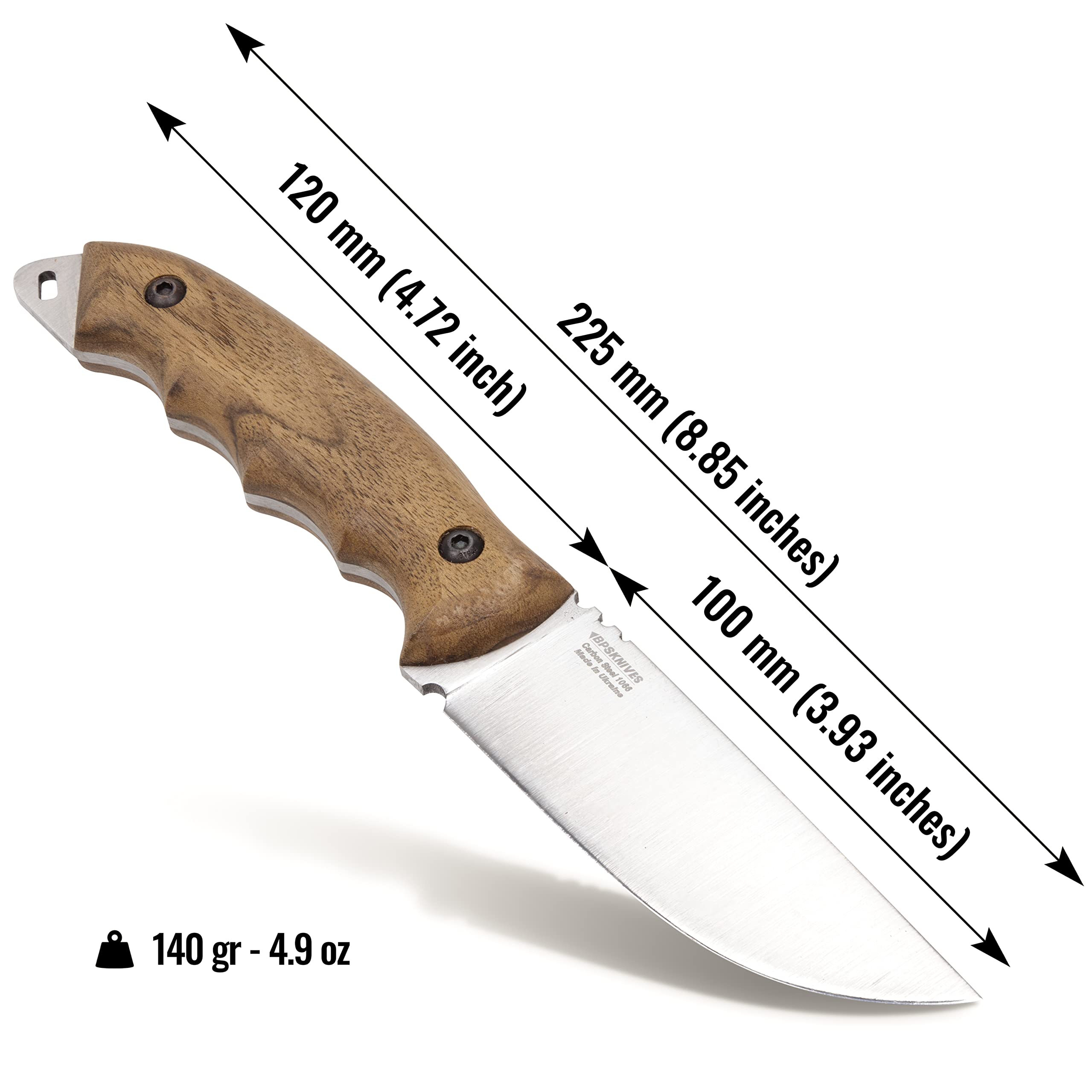 BPSKNIVES HK4 CSH - Couteau en acier au carbone à lame fixe - Couteau de à soie pleine avec étui en cuir - Couteaux de camp fait main avec manche en bois