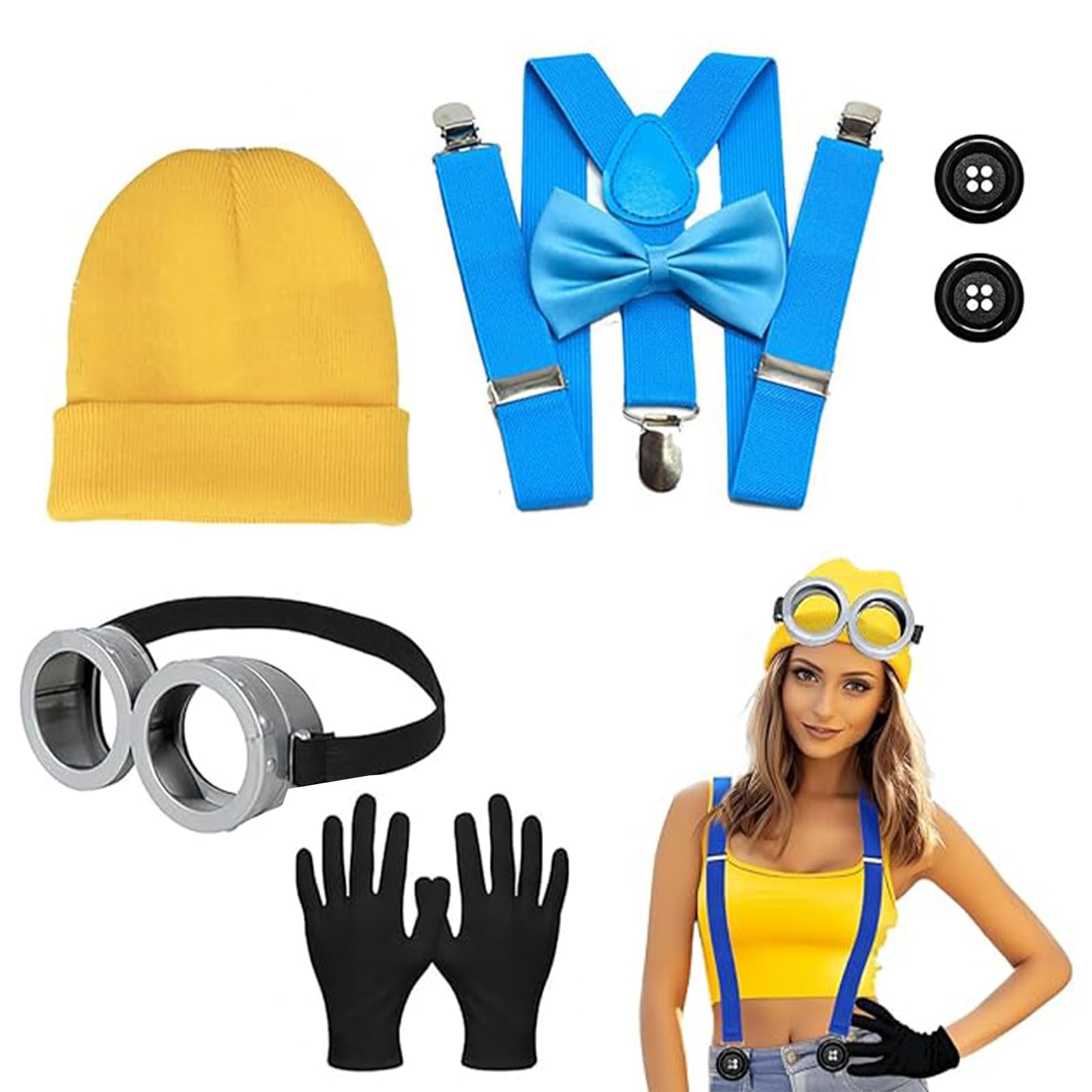 EWRGIJ Costume Accessory, Halloween Costume, Accessories Steampunk Goggles, Yellow Beanie, Black Gloves, Suspenders and Blue Tutu, Cute Funny for Cosplay Party (7pcs yellow)