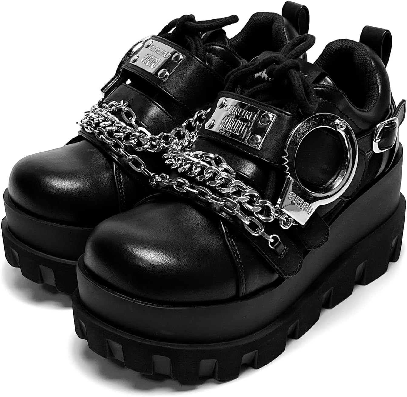 GURURU Women's Goth Boots Punk Black Metallic Goth Platform Chunky Ankle Boots Thick Sole Goth Boots Designer Shoes